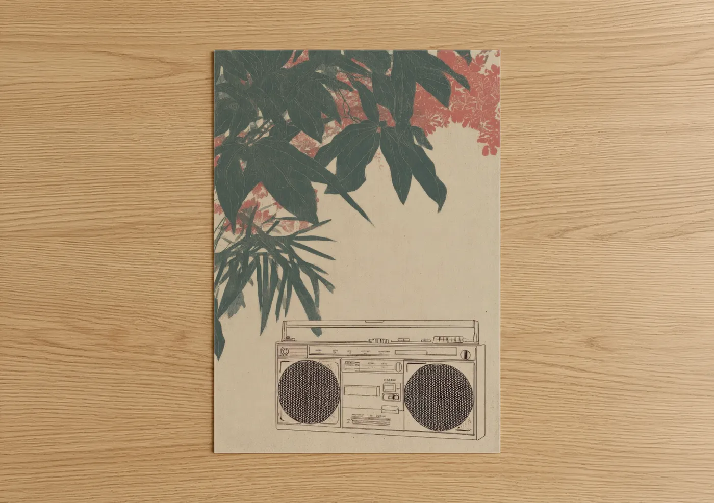 Botanical Boombox Retro Music Illustration Wall Art