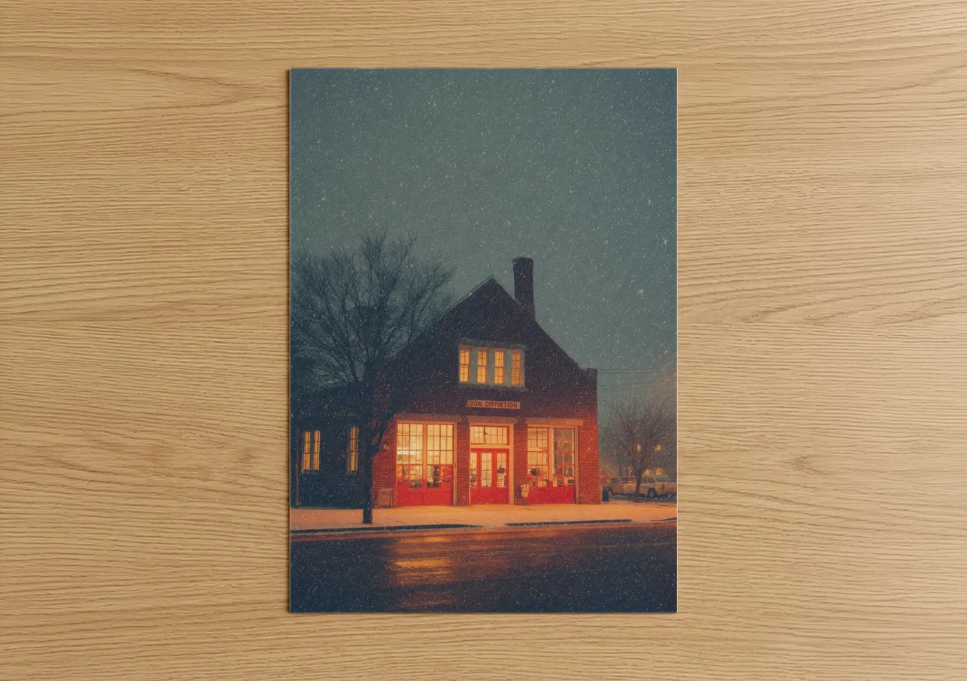 Snowy Fire Station Winter Night Wall Art