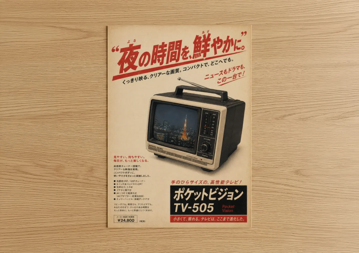 Vintage japanese ads art print on warm oak wood — beige and red palette — Vintage Japanese TV Advertisement Wall Art poster