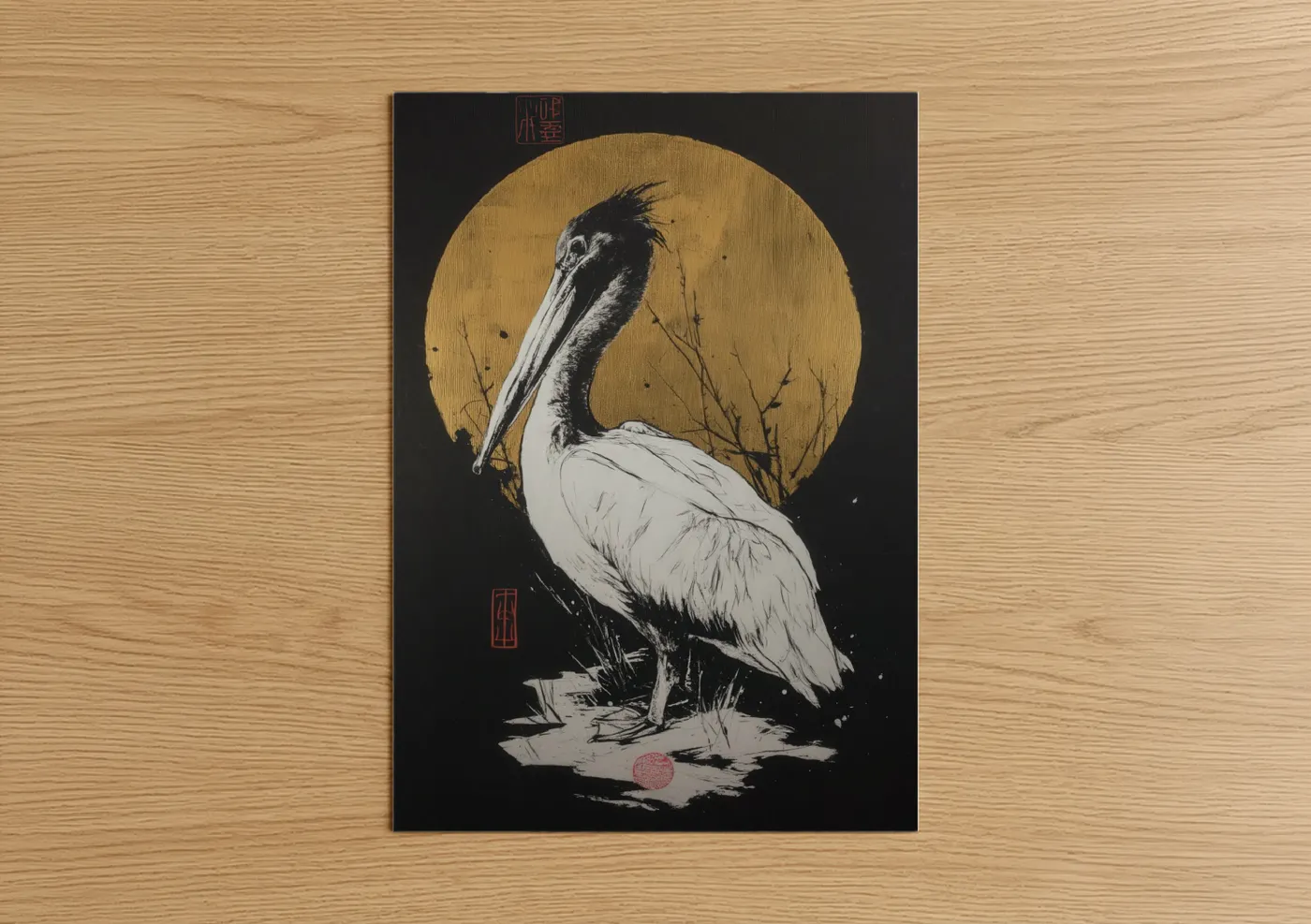Golden Moon Pelican Japanese Wall Art
