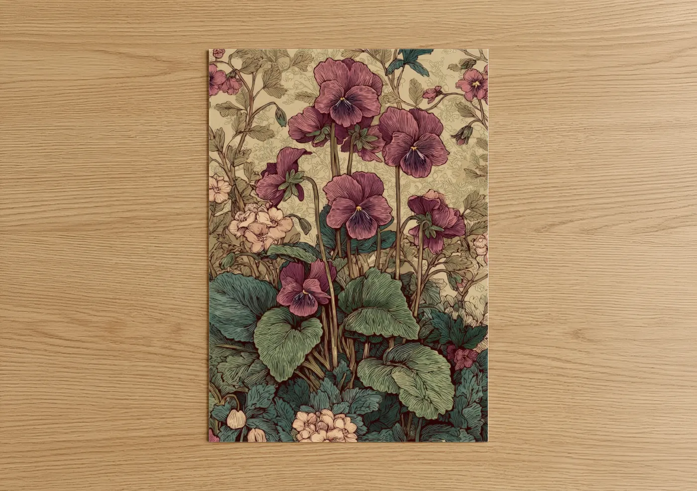 Art print on warm oak wood — magenta and cream palette — Mauve Garden Violets poster