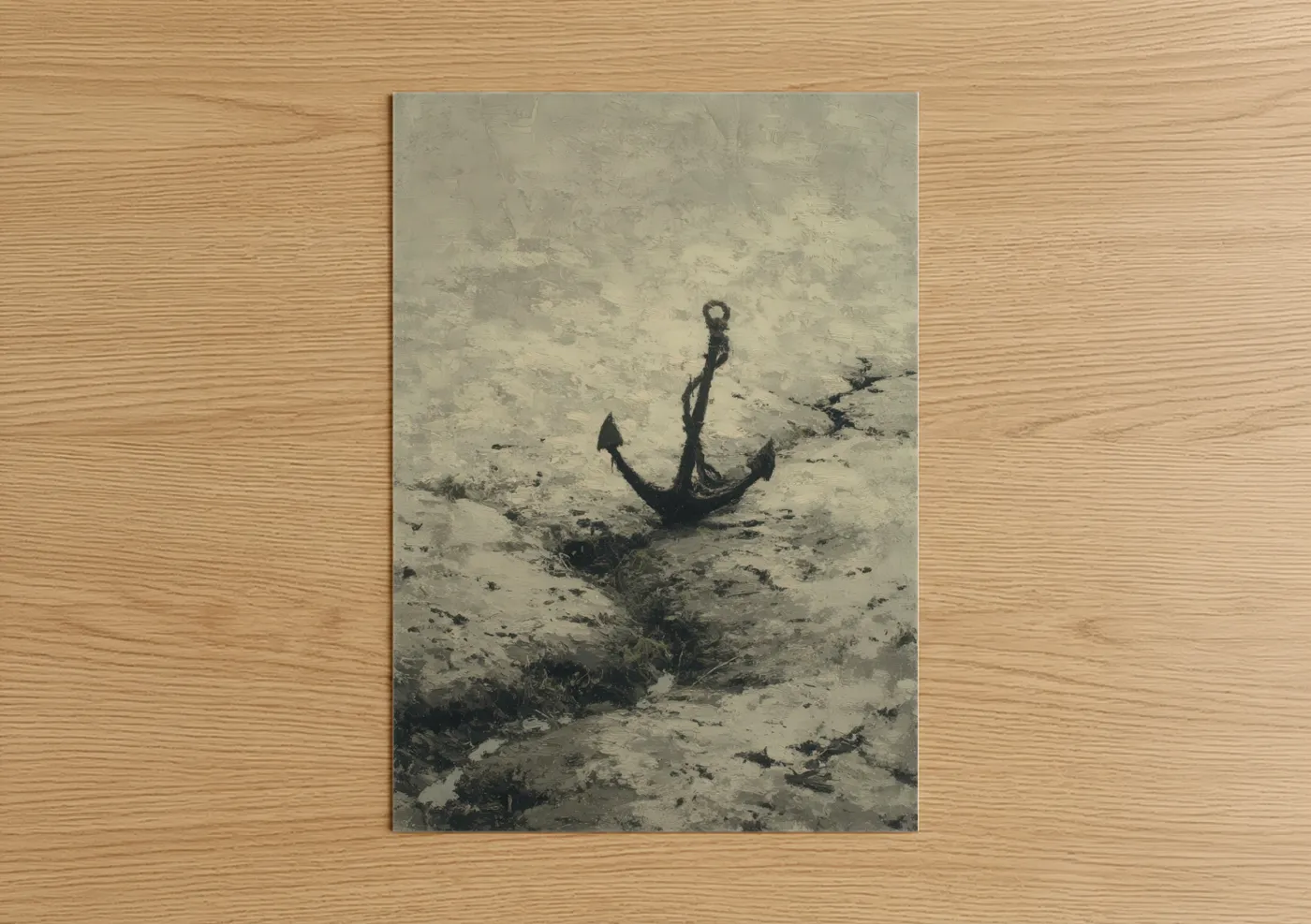 Art print on warm oak wood — beige and black and white palette — Weathered Anchor poster