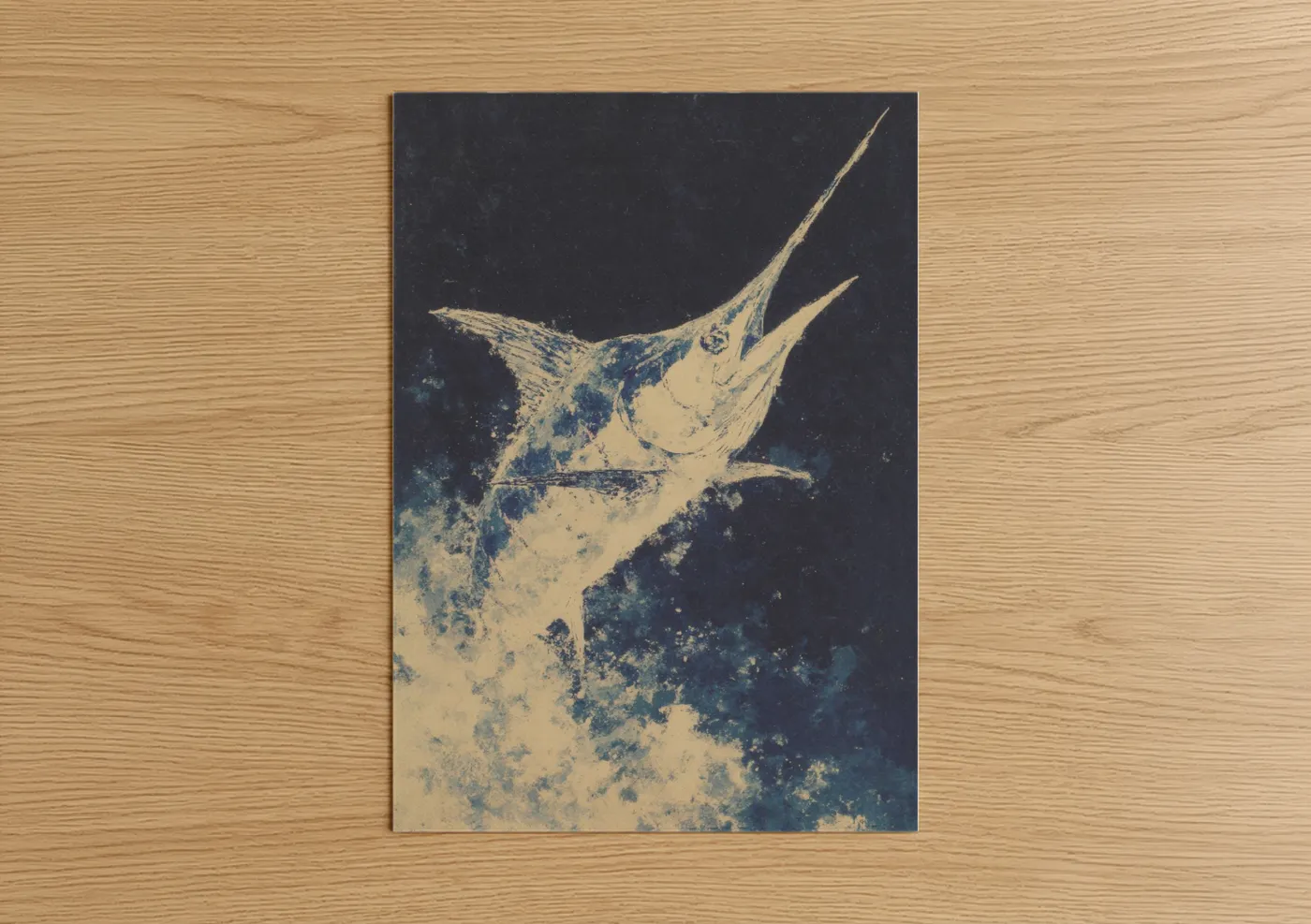 Art print on warm oak wood — cream and dark blue palette — Striped Marlin Jump poster