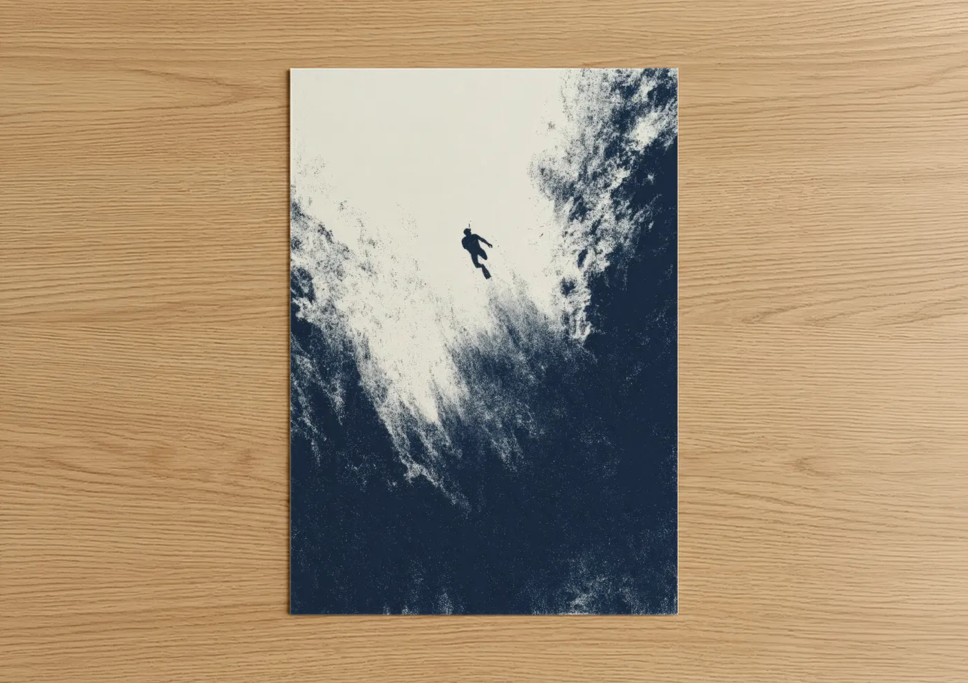 Snorkeling art print on warm oak wood — blue and white and dark blue palette — Underwater Explorer poster