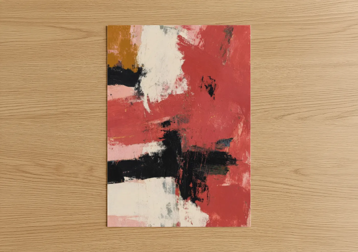 Abstract expressionism art print on warm oak wood — red and black and white palette — Crimson Collision poster