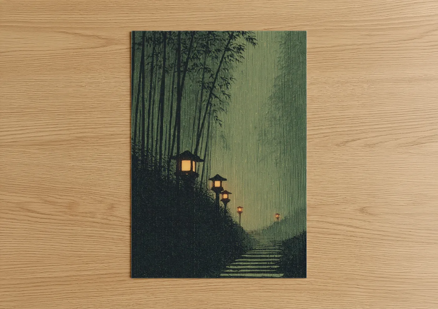 Dreamscape art print on warm oak wood — dark green and gold and white palette — Bamboo Lantern Path poster