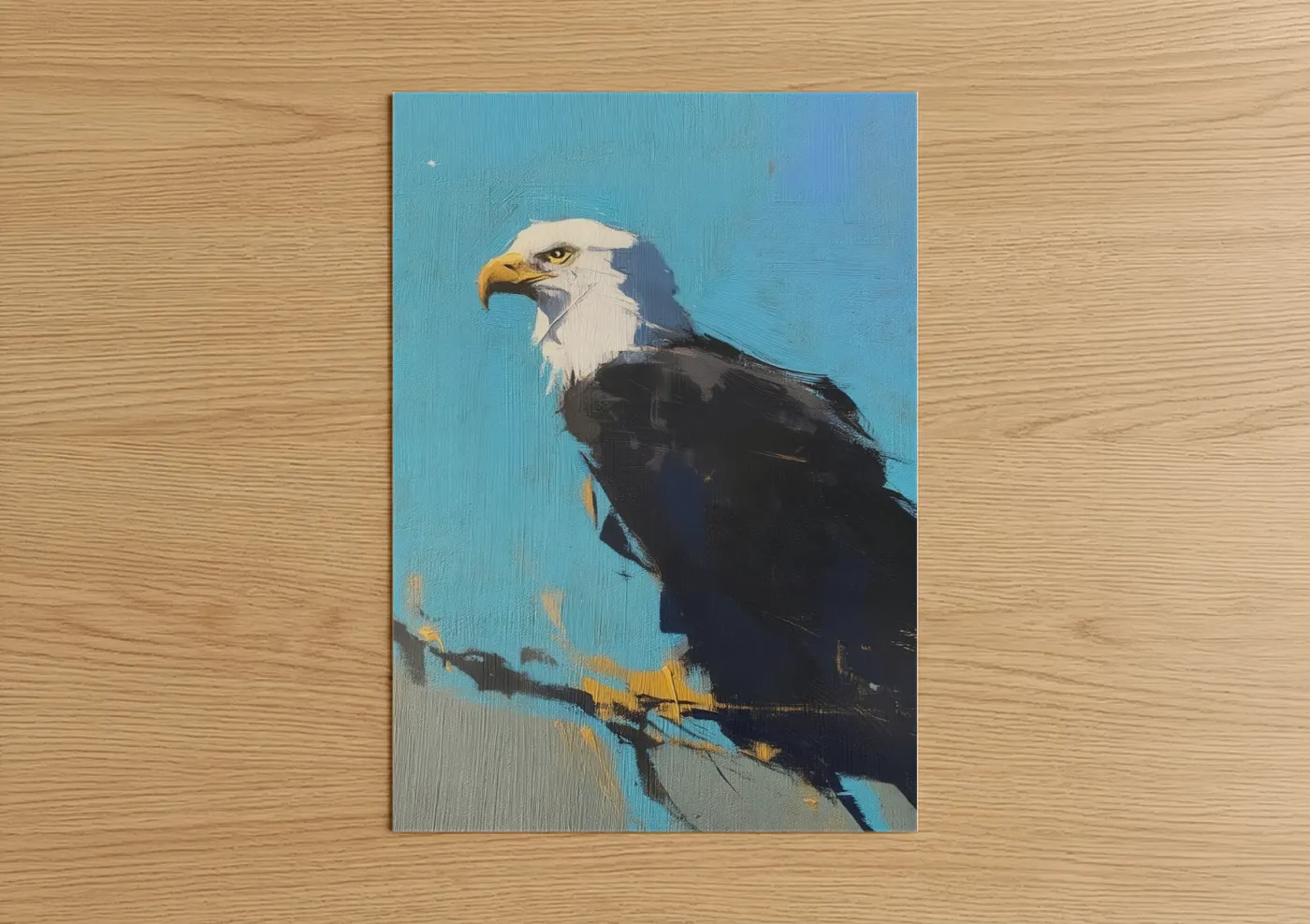 Art print on warm oak wood — blue and gold palette — Perched Eagle poster