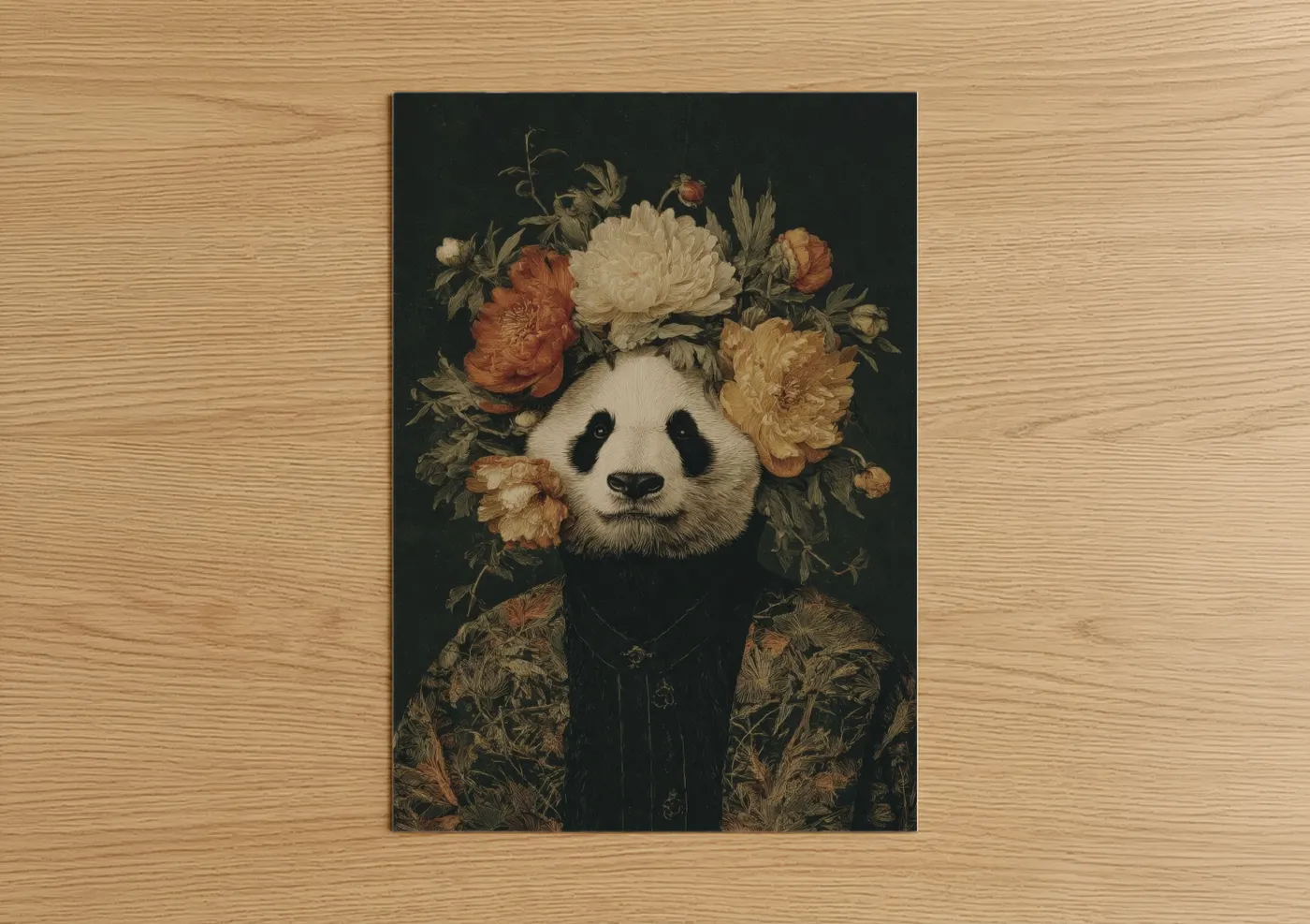 Art print on warm oak wood — cream and black and gold palette — Floral Panda Portrait poster