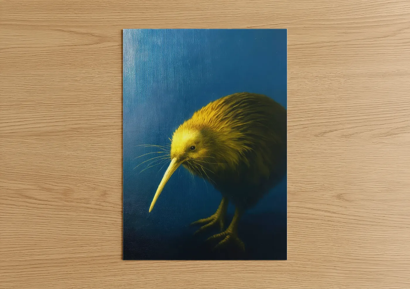 Art print on warm oak wood — yellow gold and blue palette — Golden Kiwi poster
