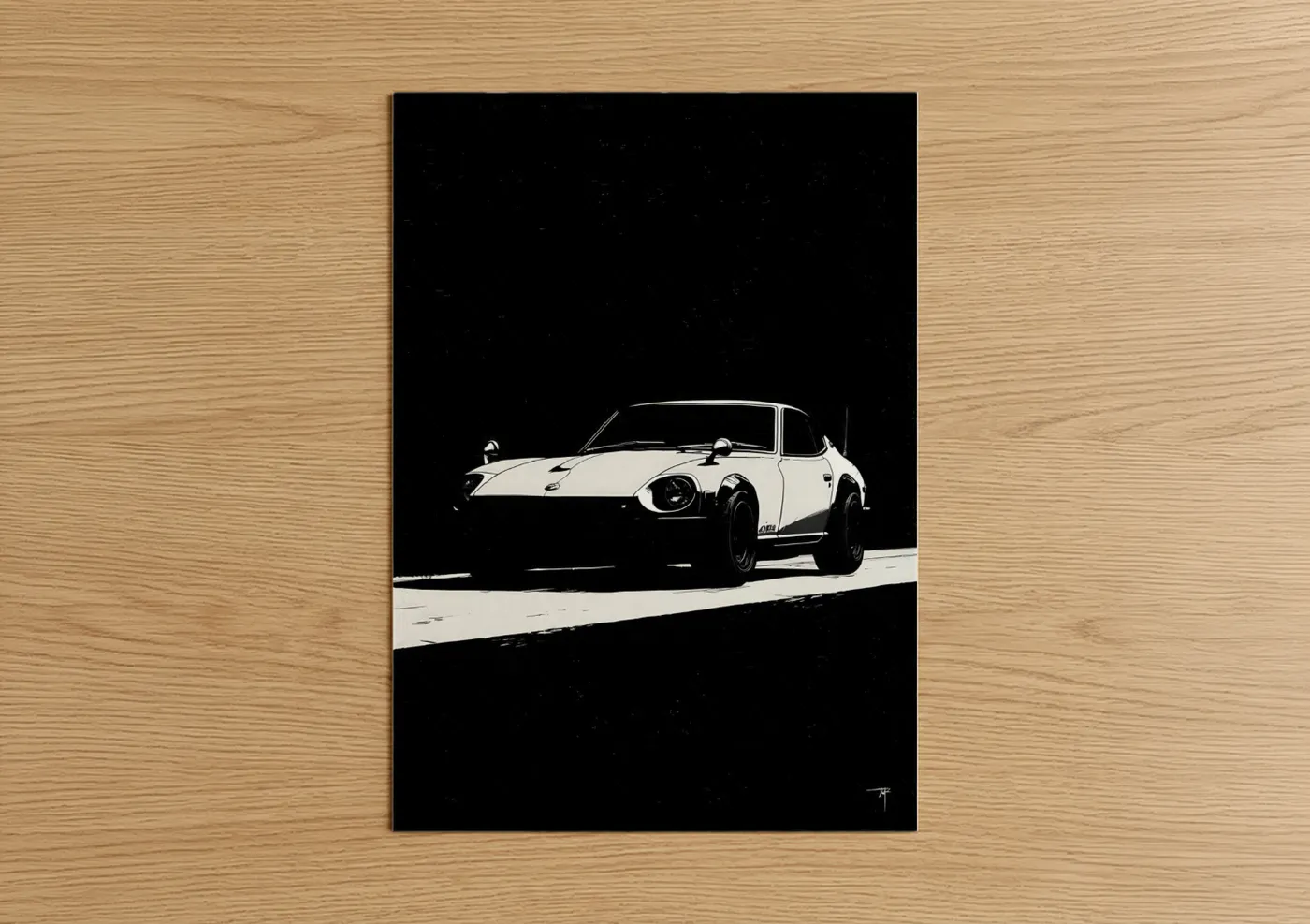 Classic car art print on warm oak wood — black and white palette — Spotlight Classic poster