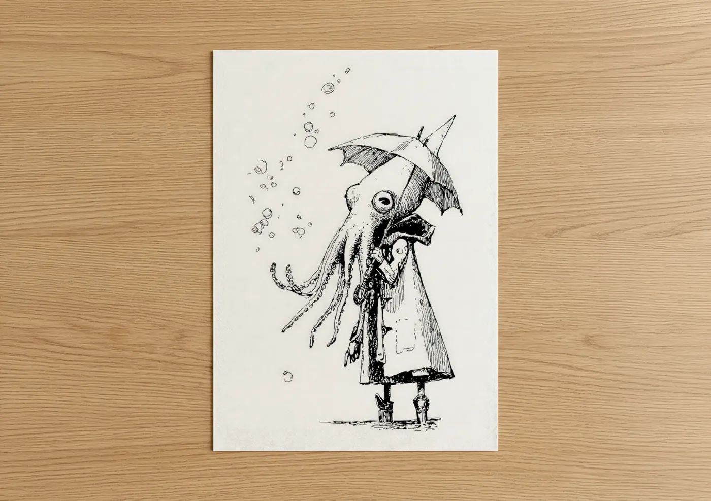 Whimsical Umbrella Squid Ink Drawing Wall Art