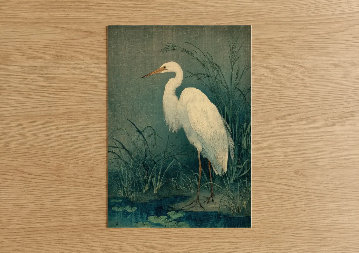 Crane art print on warm oak wood — sage green and white palette — Marshland Heron poster