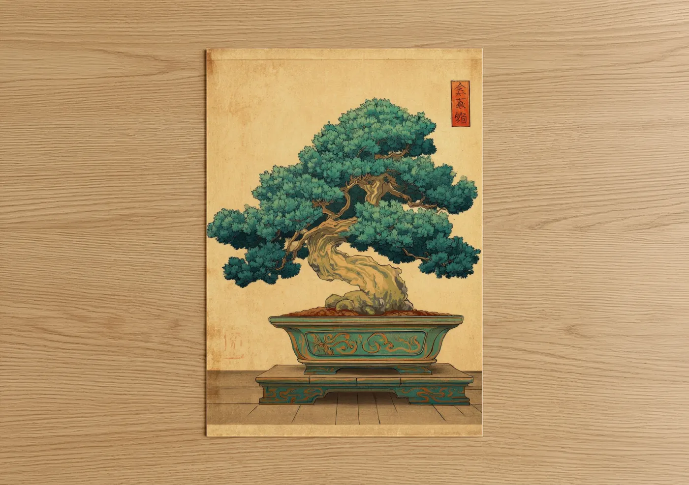 Bonsai tree art print on warm oak wood — teal and gold palette — Verdant Bonsai poster