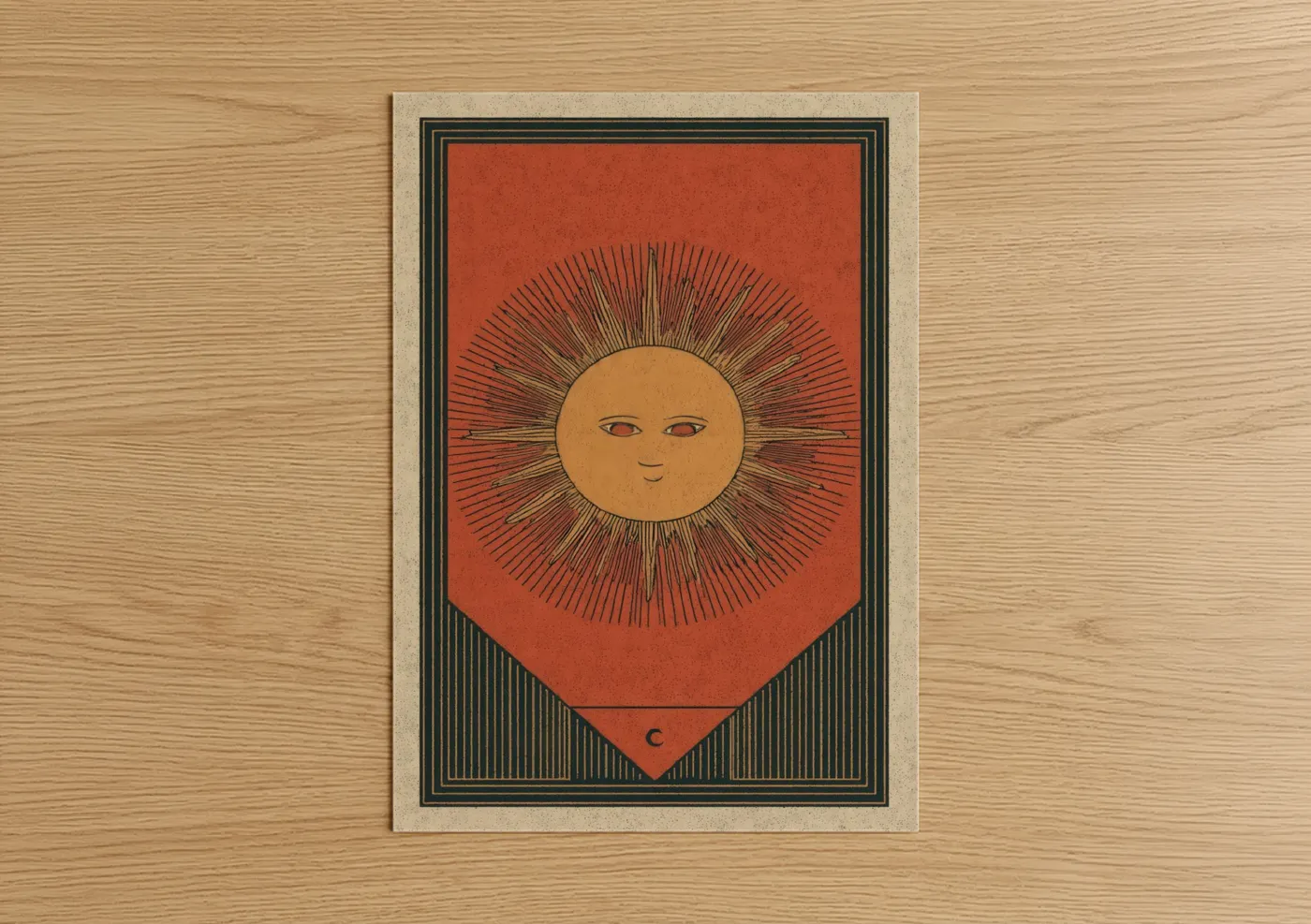 Card game art print on warm oak wood — red and gold palette — Celestial Sun Card poster