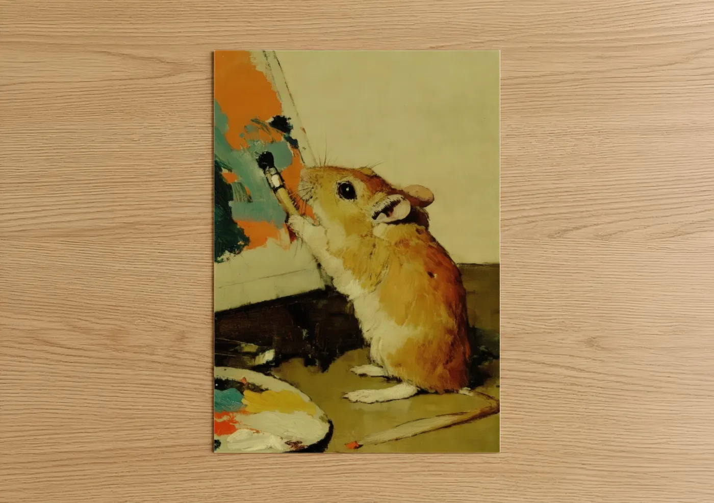 Art print on warm oak wood — orange and gold palette — Artistic Gerbil poster