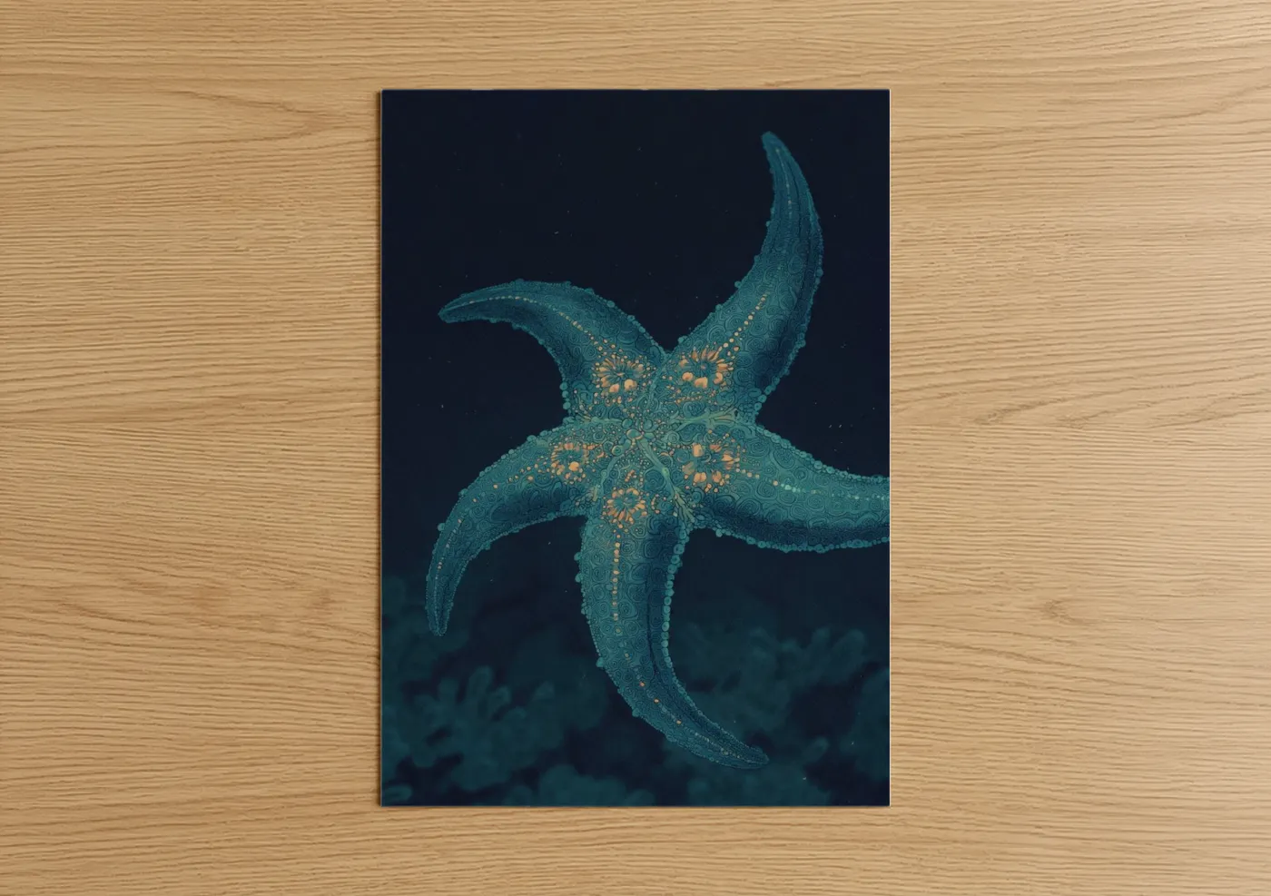 Art print on warm oak wood — teal and gold palette — Deep Sea Starfish poster