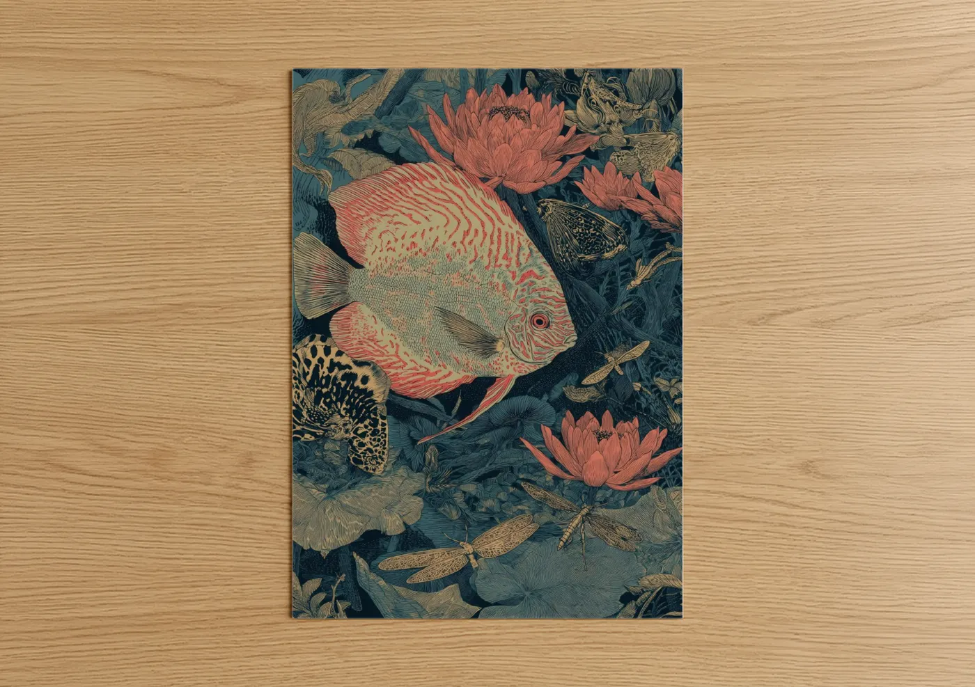 Coral Discus Fish Water Lily Art Wall Art