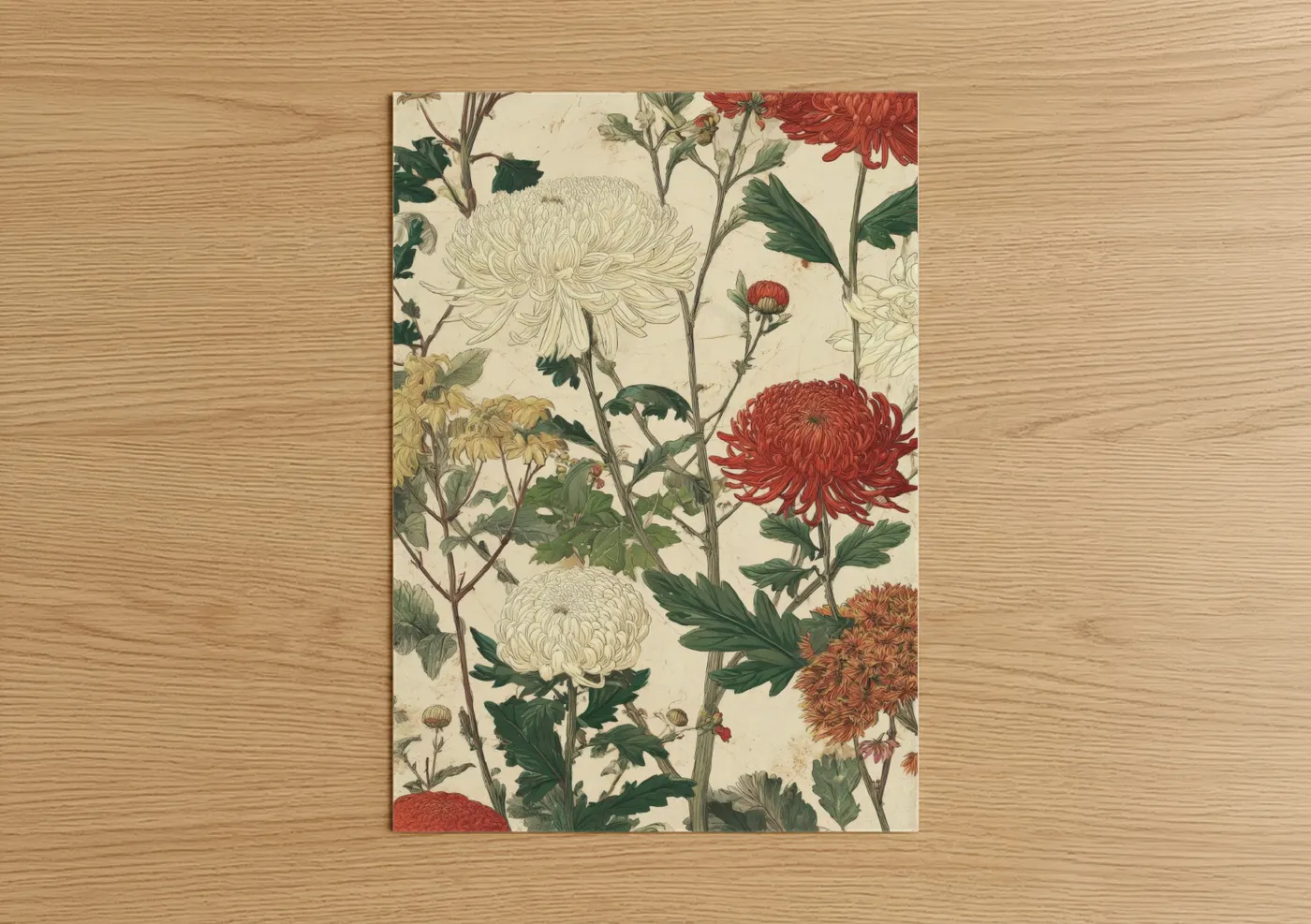 Art print on warm oak wood — cream and red palette — Vintage Chrysanthemum poster
