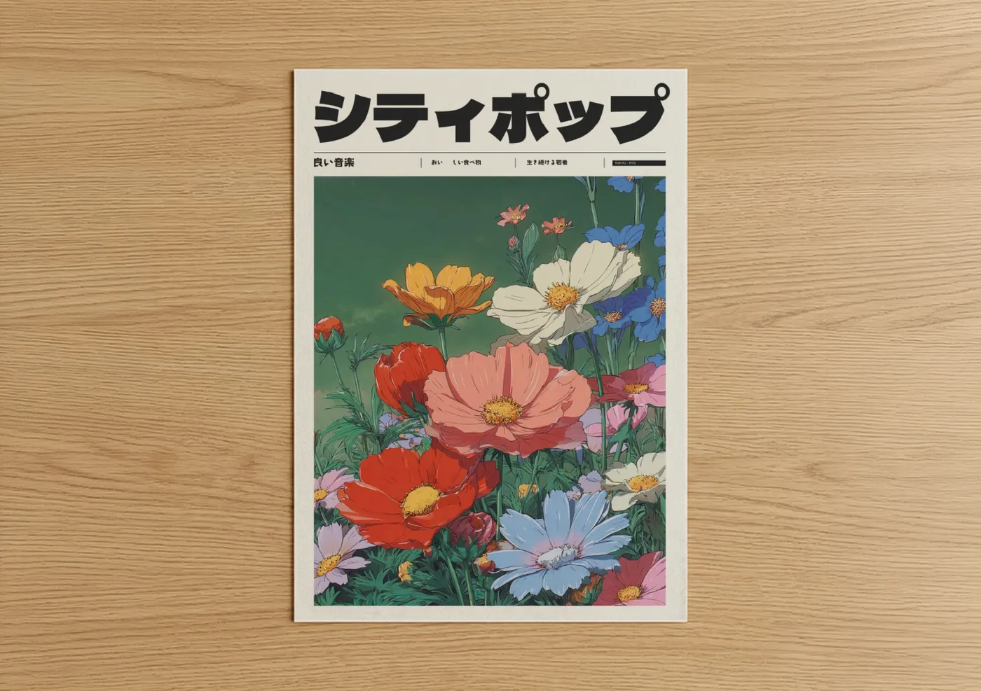 Anime and manga art print on warm oak wood — true green and red palette — Blooming Retro Garden poster