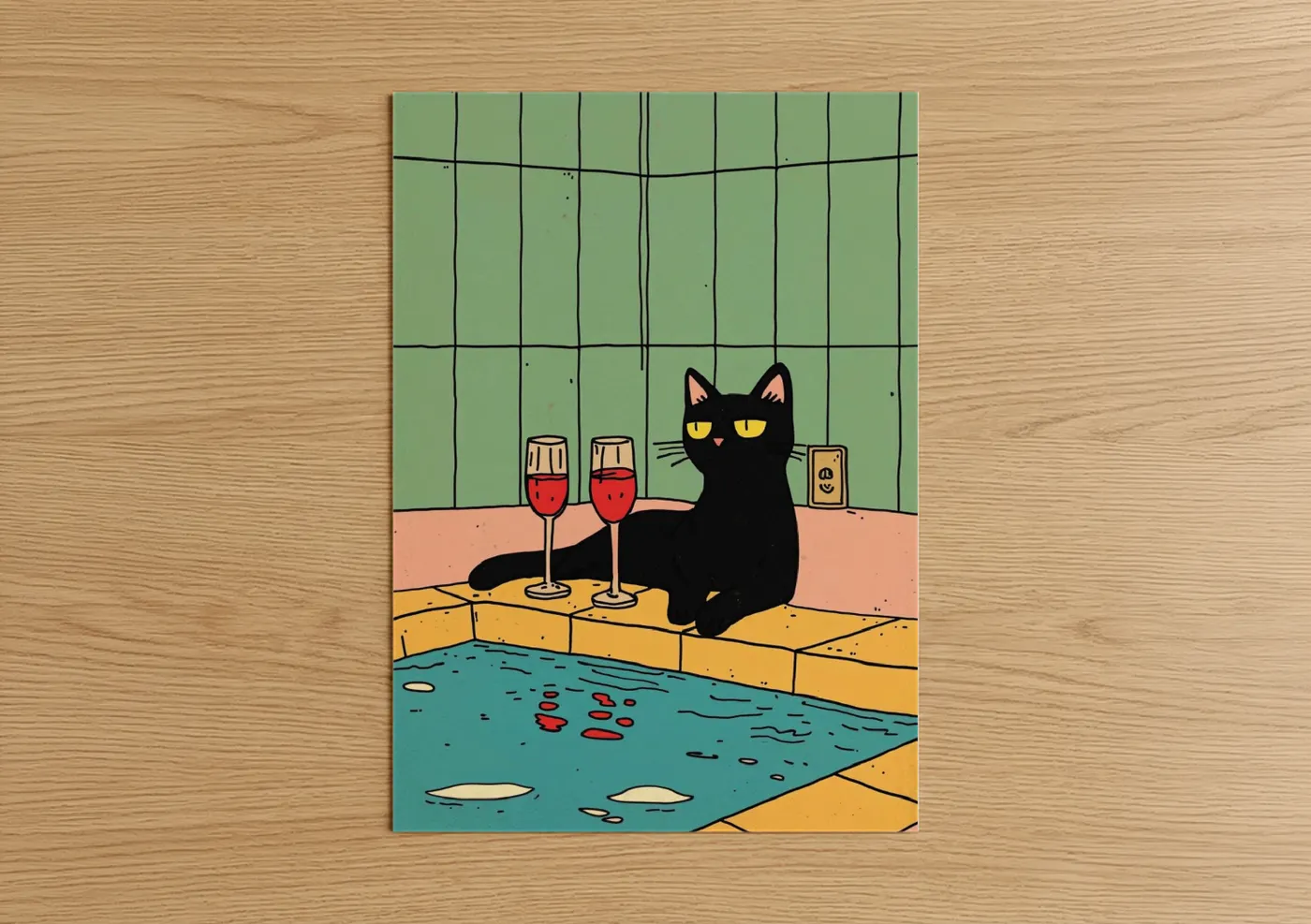 Black Cat Poolside Pop Art Illustration Wall Art