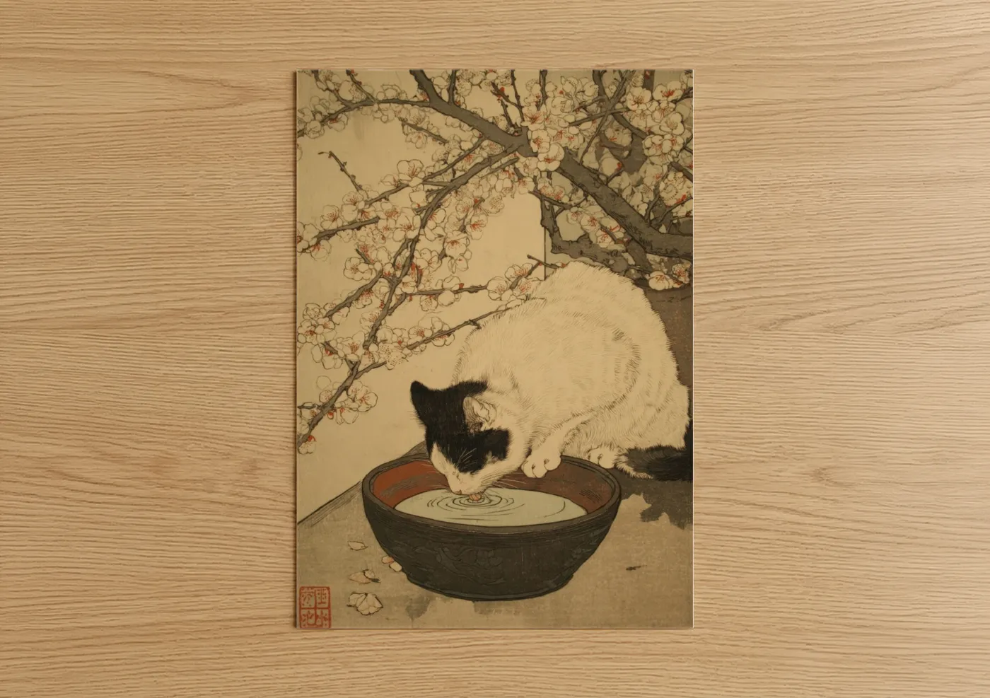 Art print on warm oak wood — cream and russet palette — Cat with Milk Bowl poster
