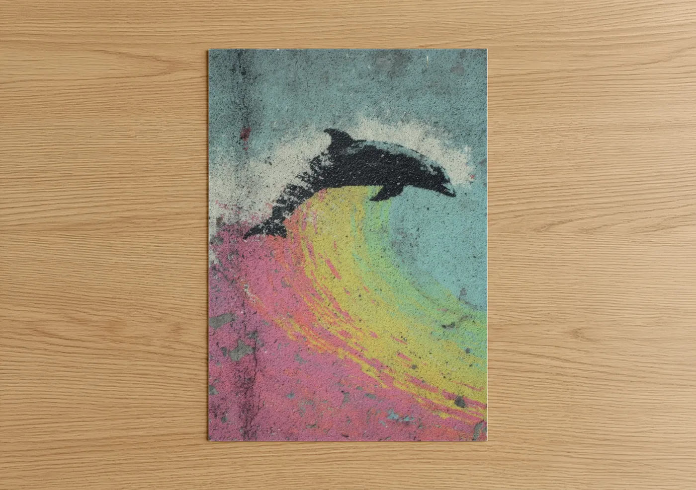 Dolphins art print on warm oak wood — blue and pink palette — Rainbow Dolphin poster