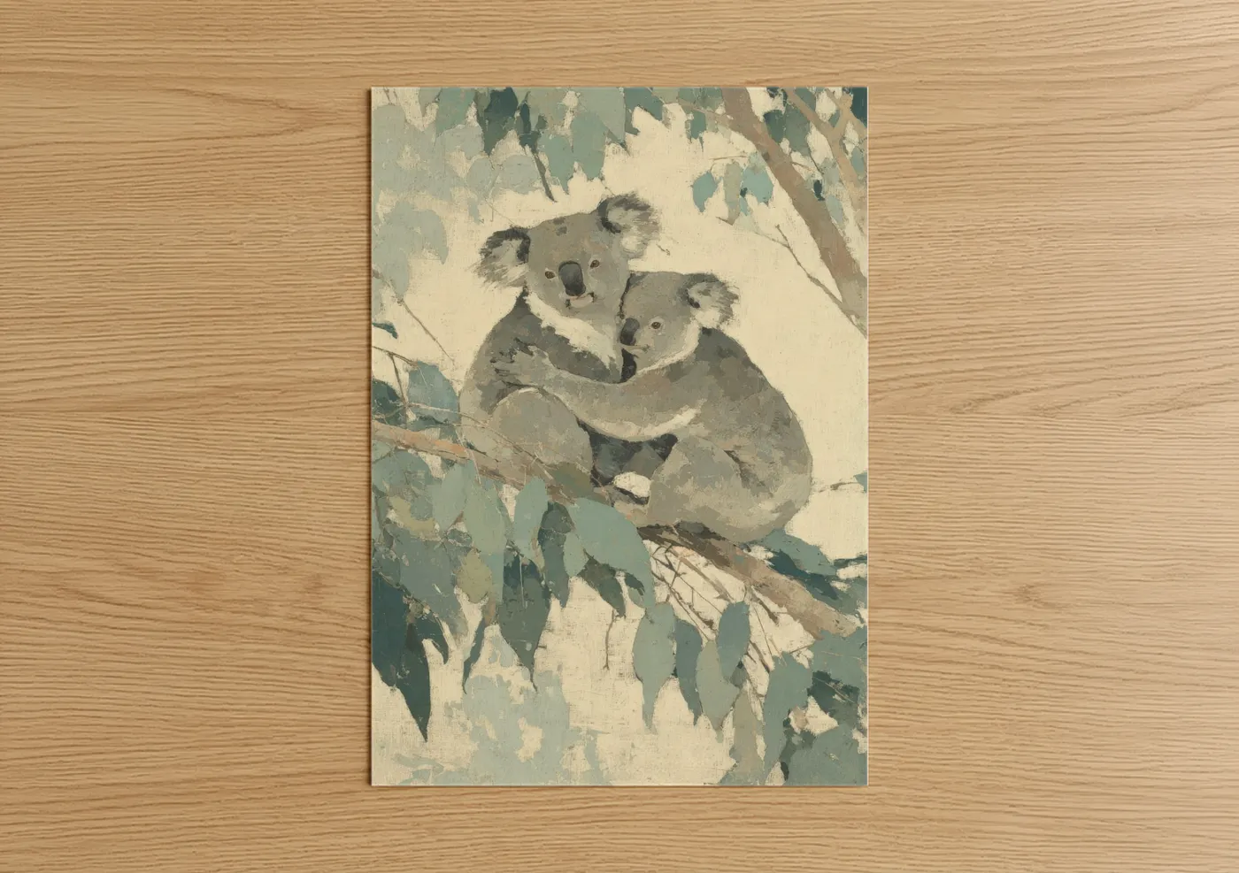 Animals in love art print on warm oak wood — sage green and cream palette — Eucalyptus Embrace poster