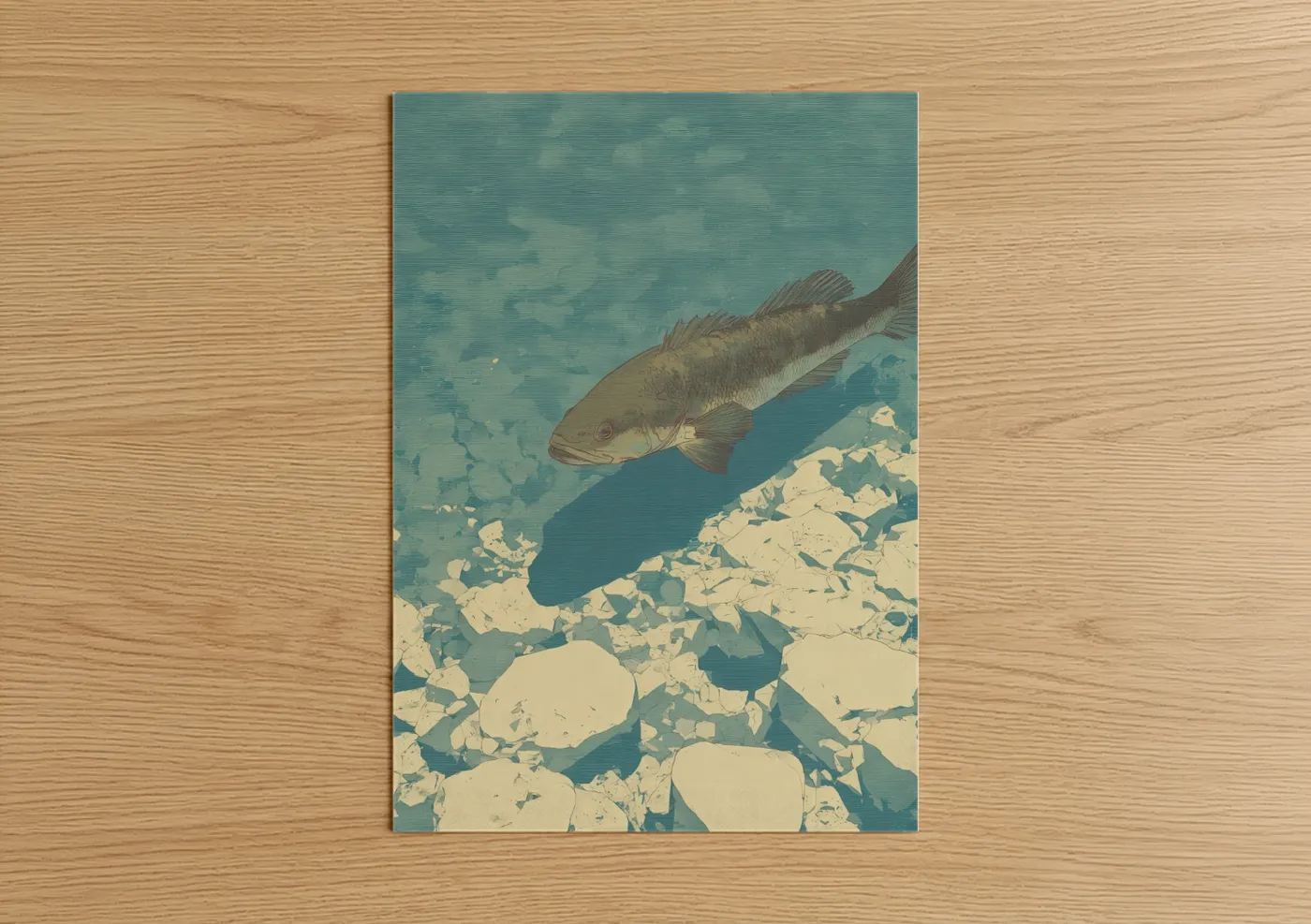 Art print on warm oak wood — teal and cream palette — Rocky Stream Bass poster