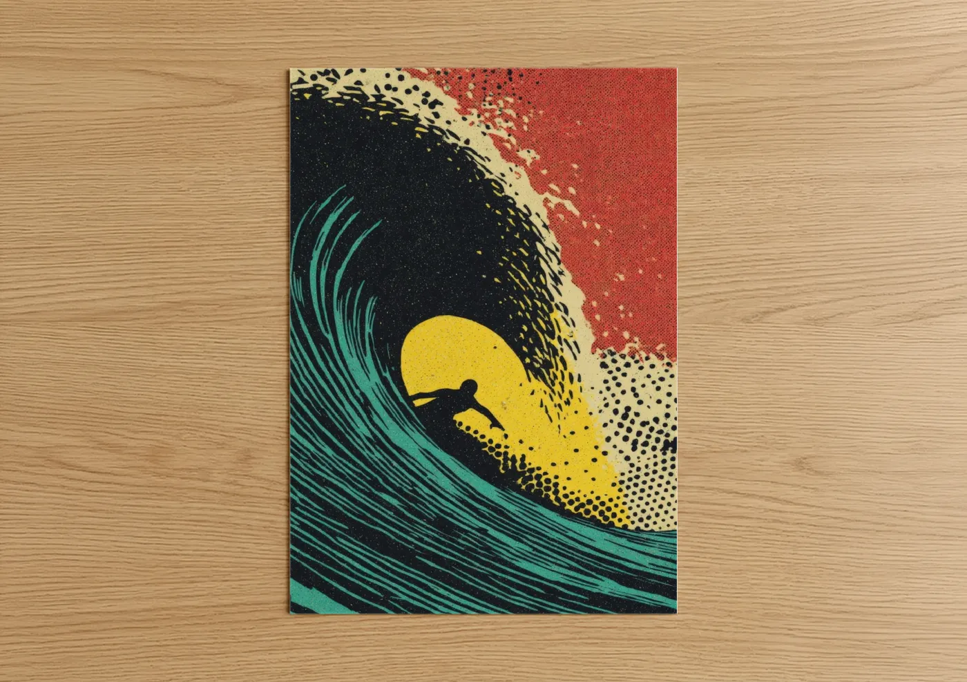 Surfing art print on warm oak wood — teal and yellow gold palette — Wave Rider Soul poster