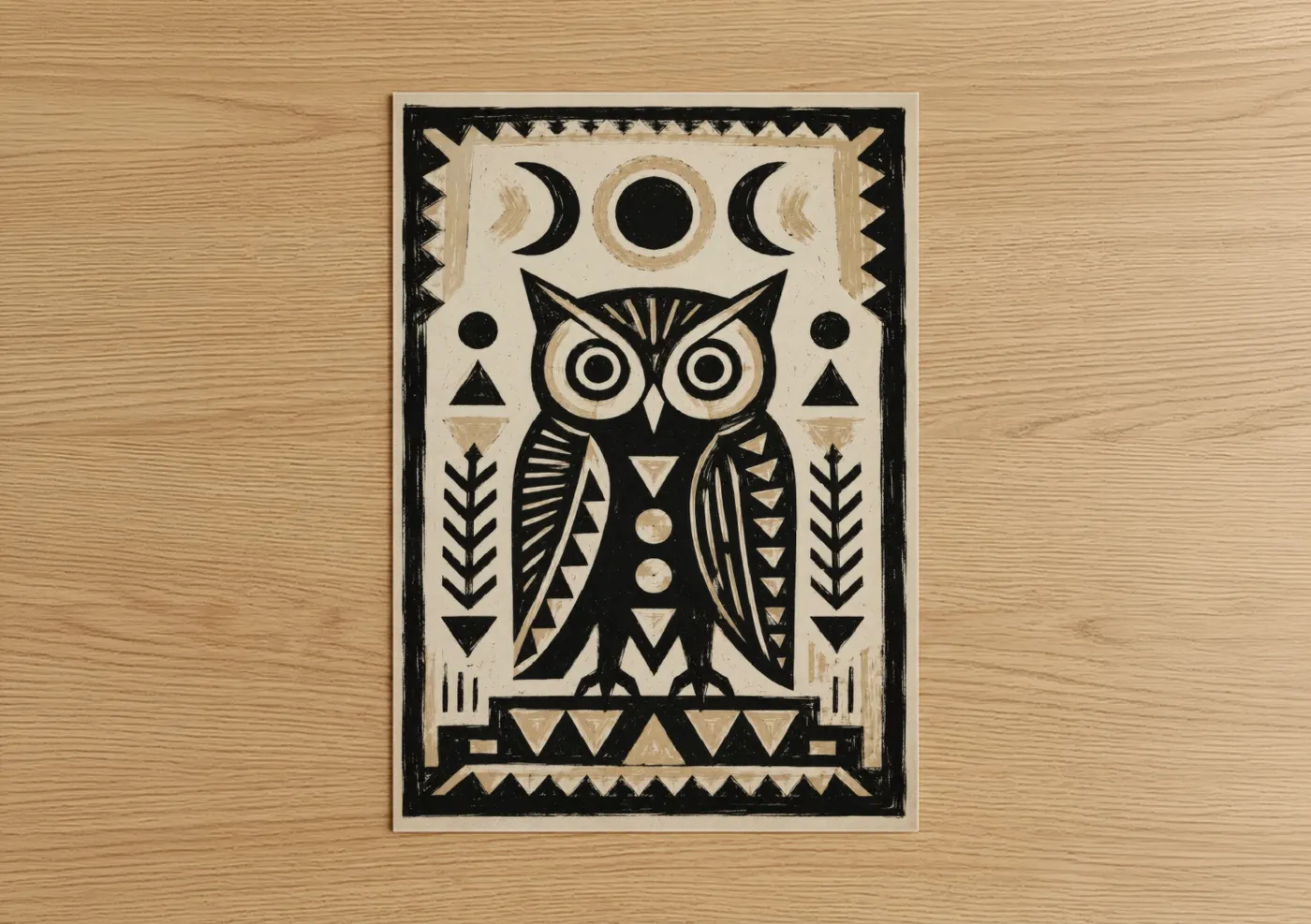 Art print on warm oak wood — black and white and beige palette — Geometric Owl Moon Phases Wall Art poster