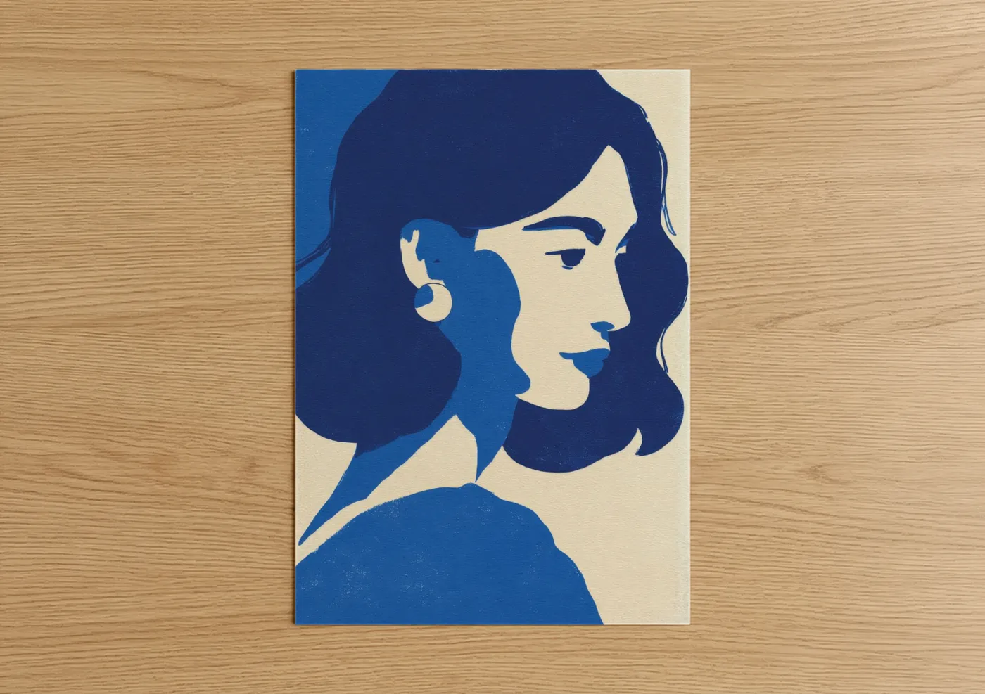 Fashion illustration art print on warm oak wood — blue and cream palette — Vintage Fashion Portrait poster