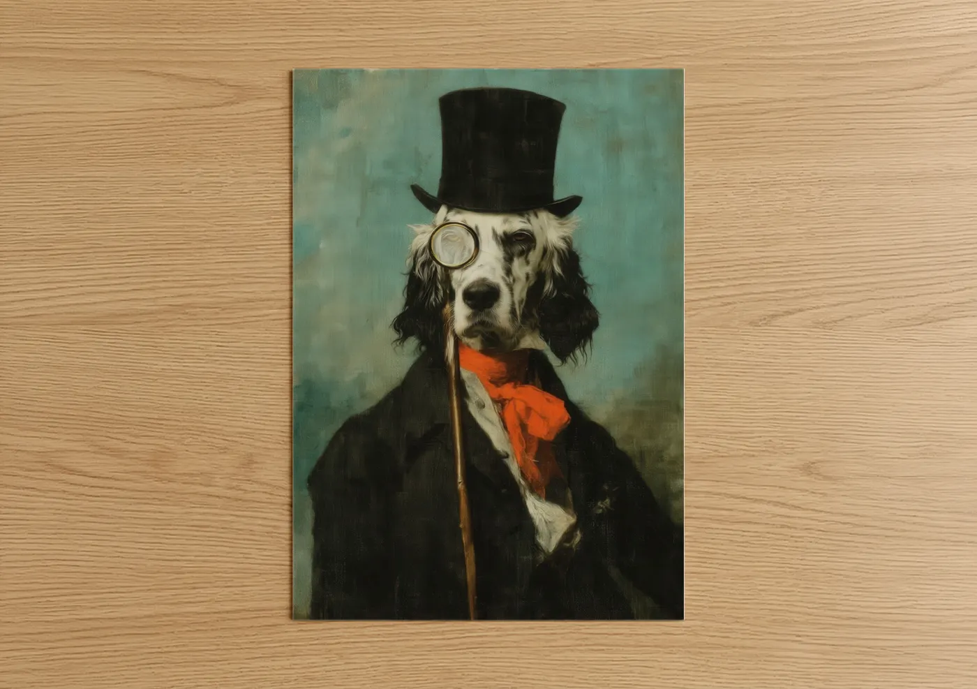 Art print on warm oak wood — teal and black palette — Monocle Setter poster