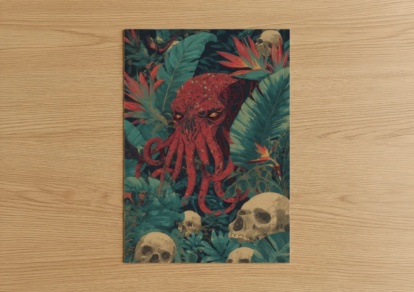 Crimson Cthulhu Tropical Dark Fantasy Wall Art