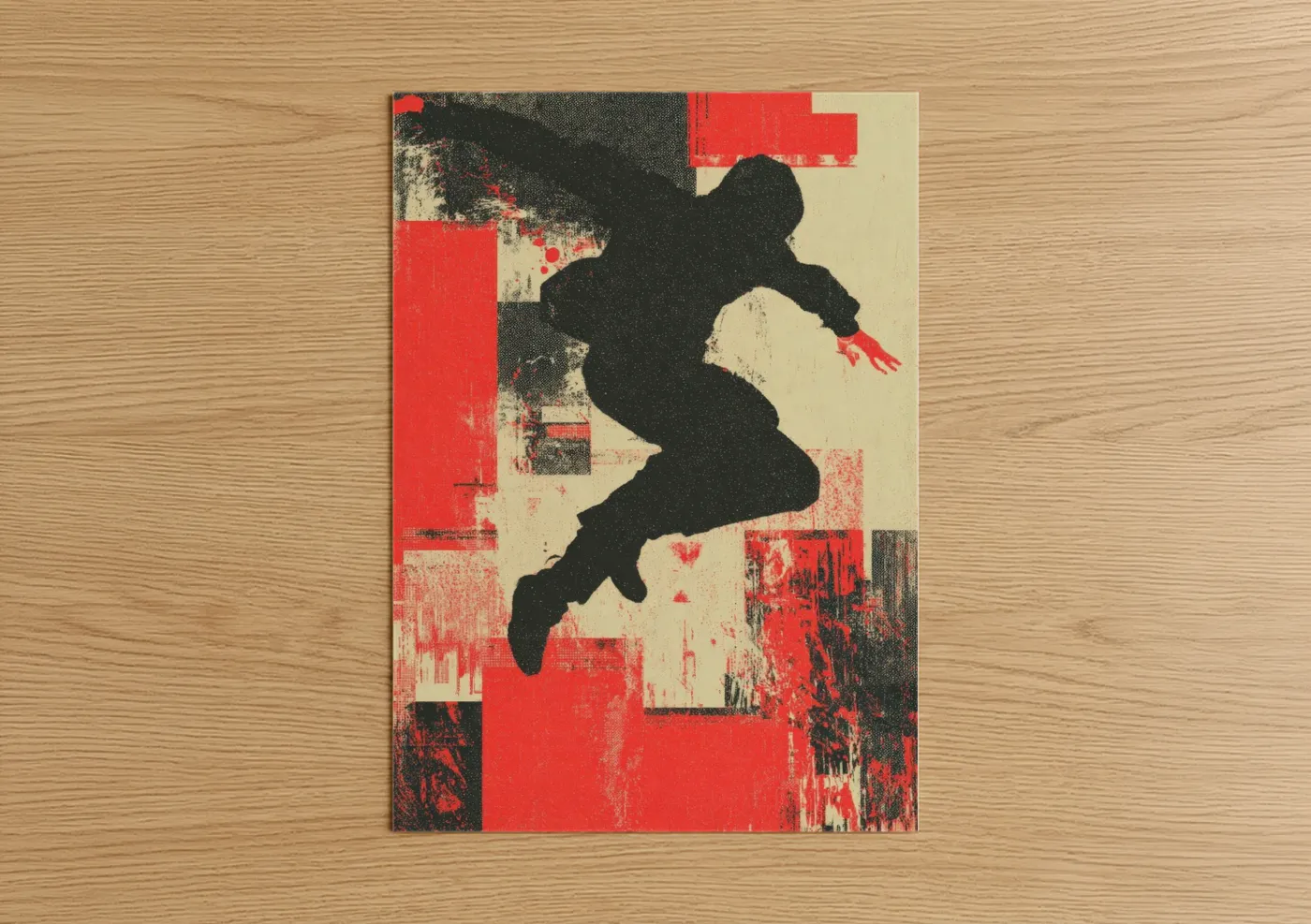 Art print on warm oak wood — red and black and white palette — Urban Parkour poster
