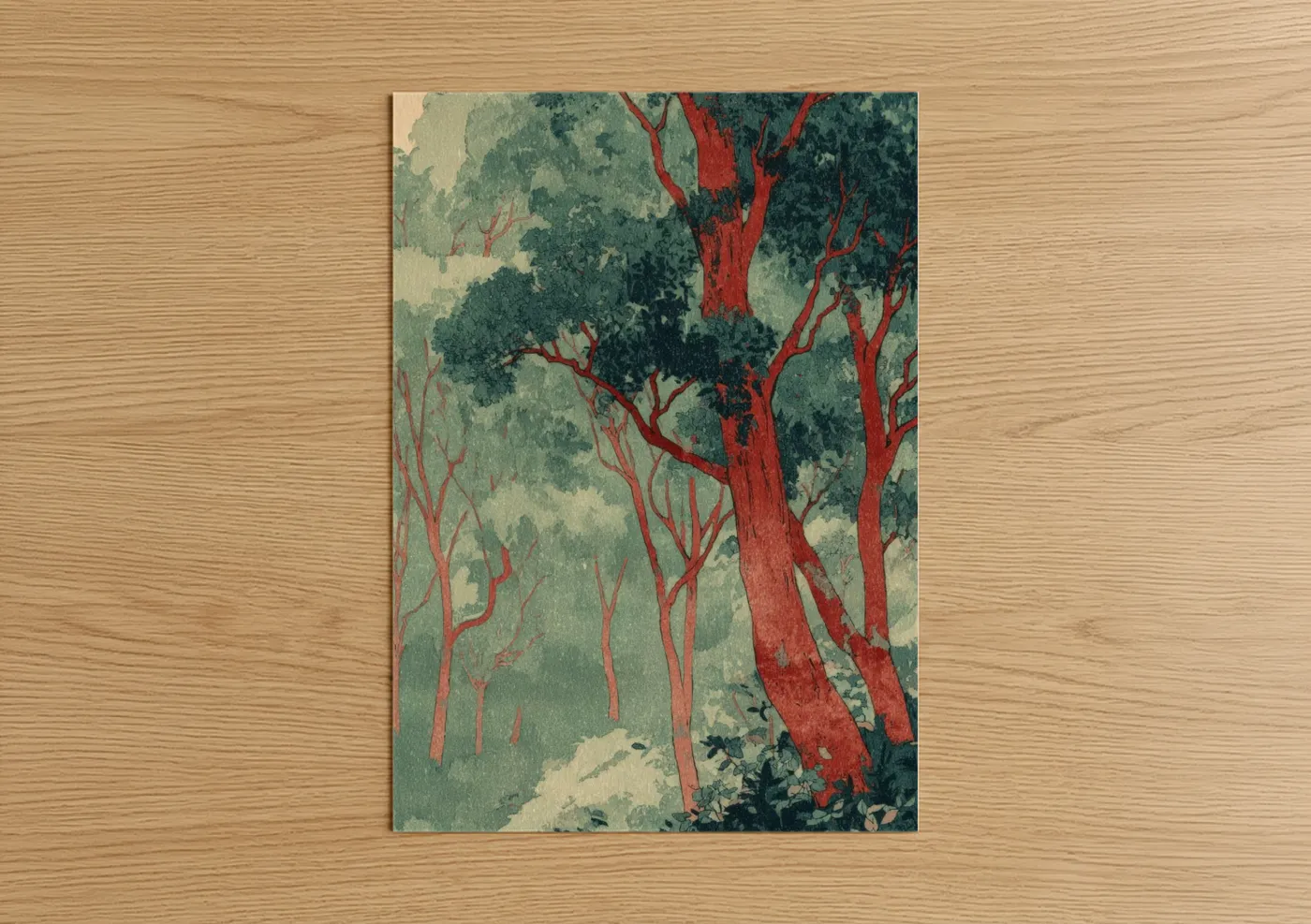 Arbutus tree art print on warm oak wood — sage green and russet palette — Crimson Arbutus Forest poster