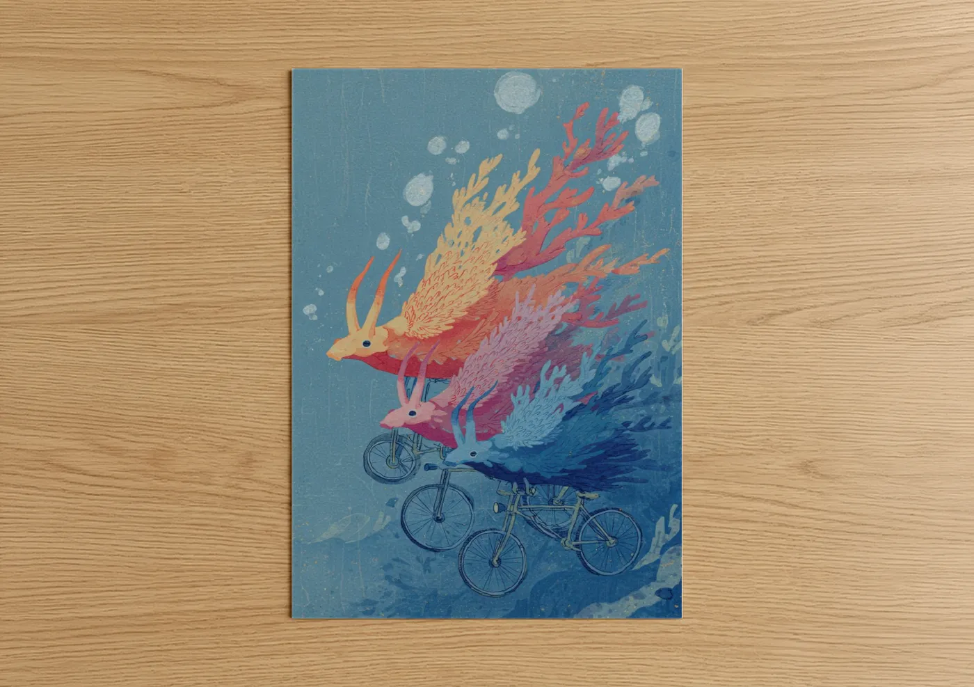 Art print on warm oak wood — blue and gold and pink palette — Dreaming Nudibranch poster