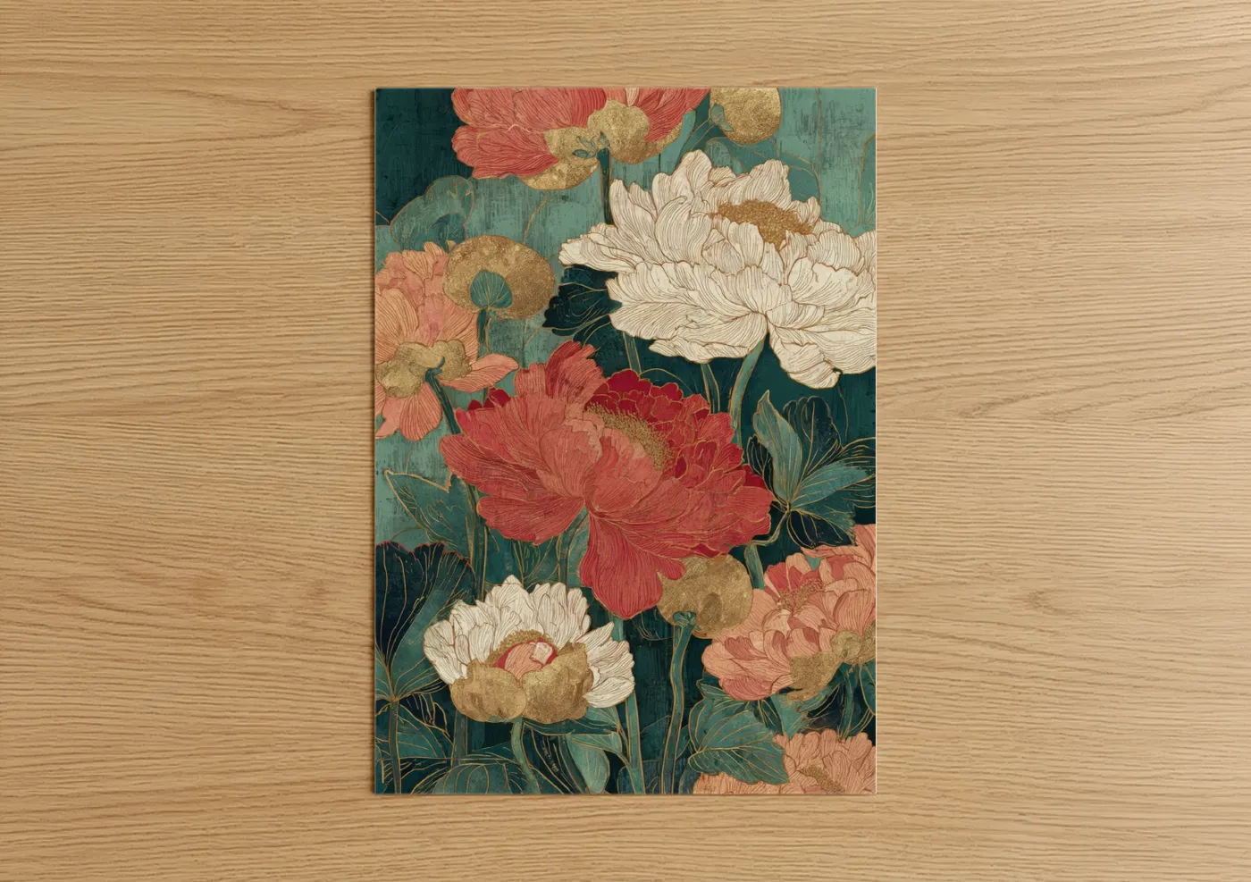 Art print on warm oak wood — teal and gold palette — Golden Peony Garden poster