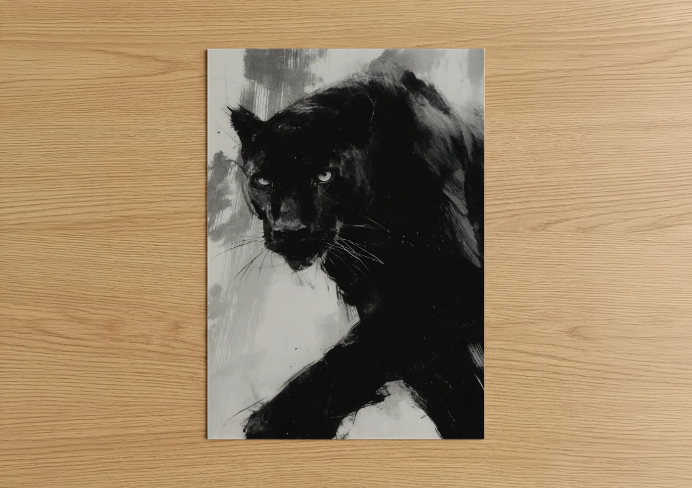 Art print on warm oak wood — black and white palette — Shadowed Panther poster