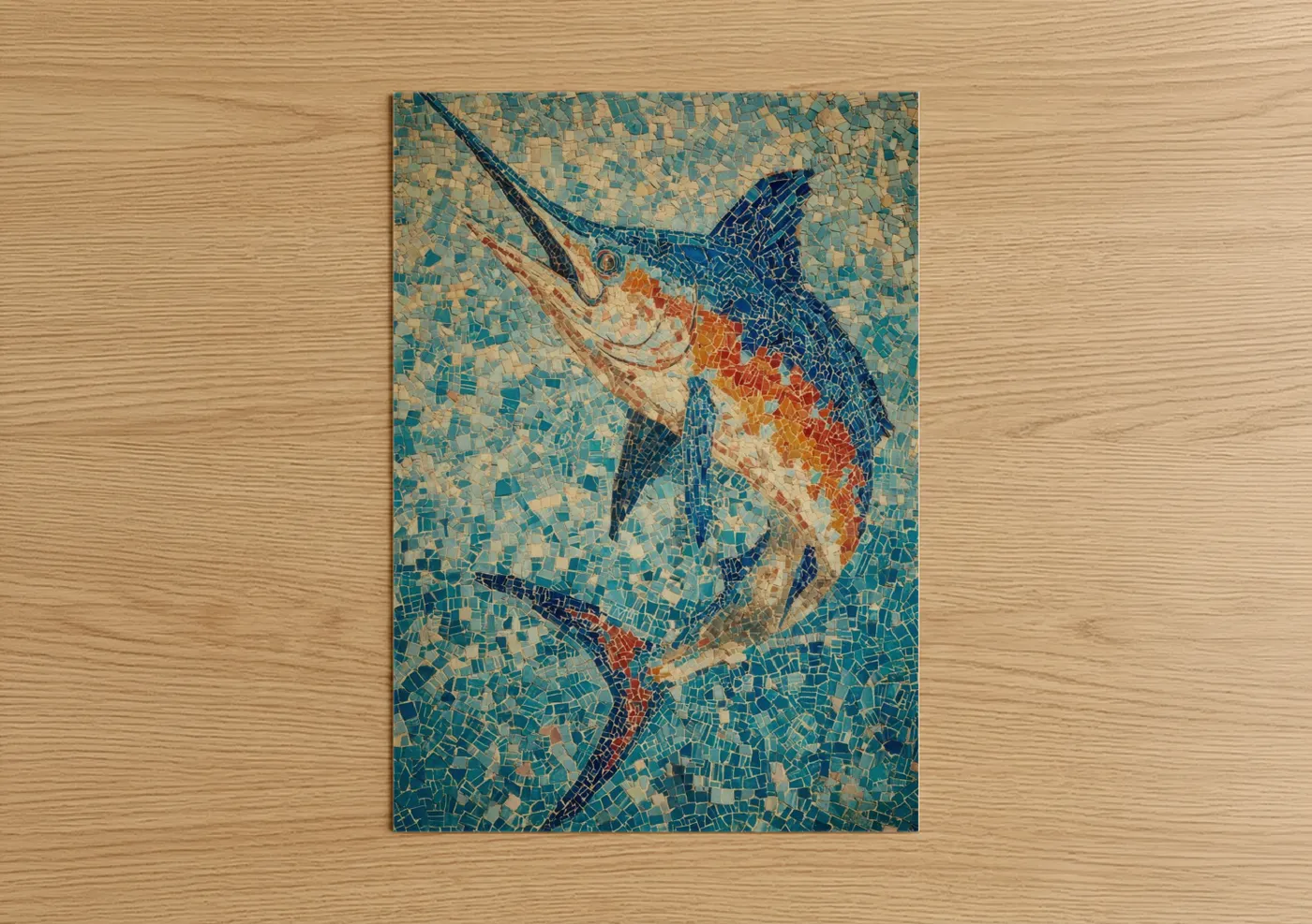 Art print on warm oak wood — blue and orange palette — Azure Marlin Mosaic poster