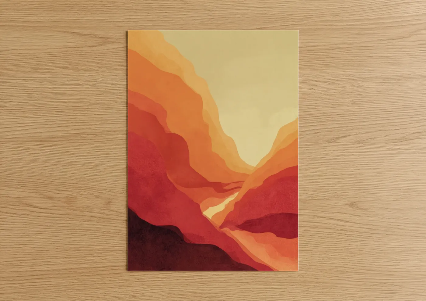Art print on warm oak wood — red and orange palette — Crimson Canyon poster