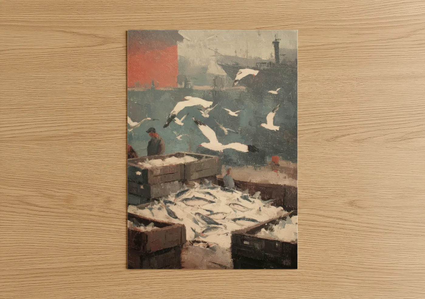 Snowy Harbor Fishing Industrial Scene Wall Art