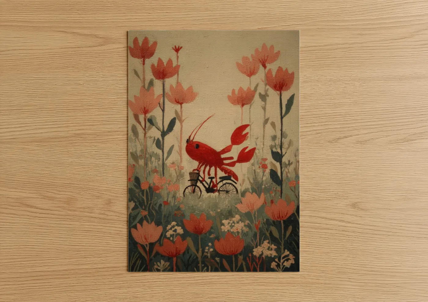 Red Lobster Bicycle Flower Field Wall Art