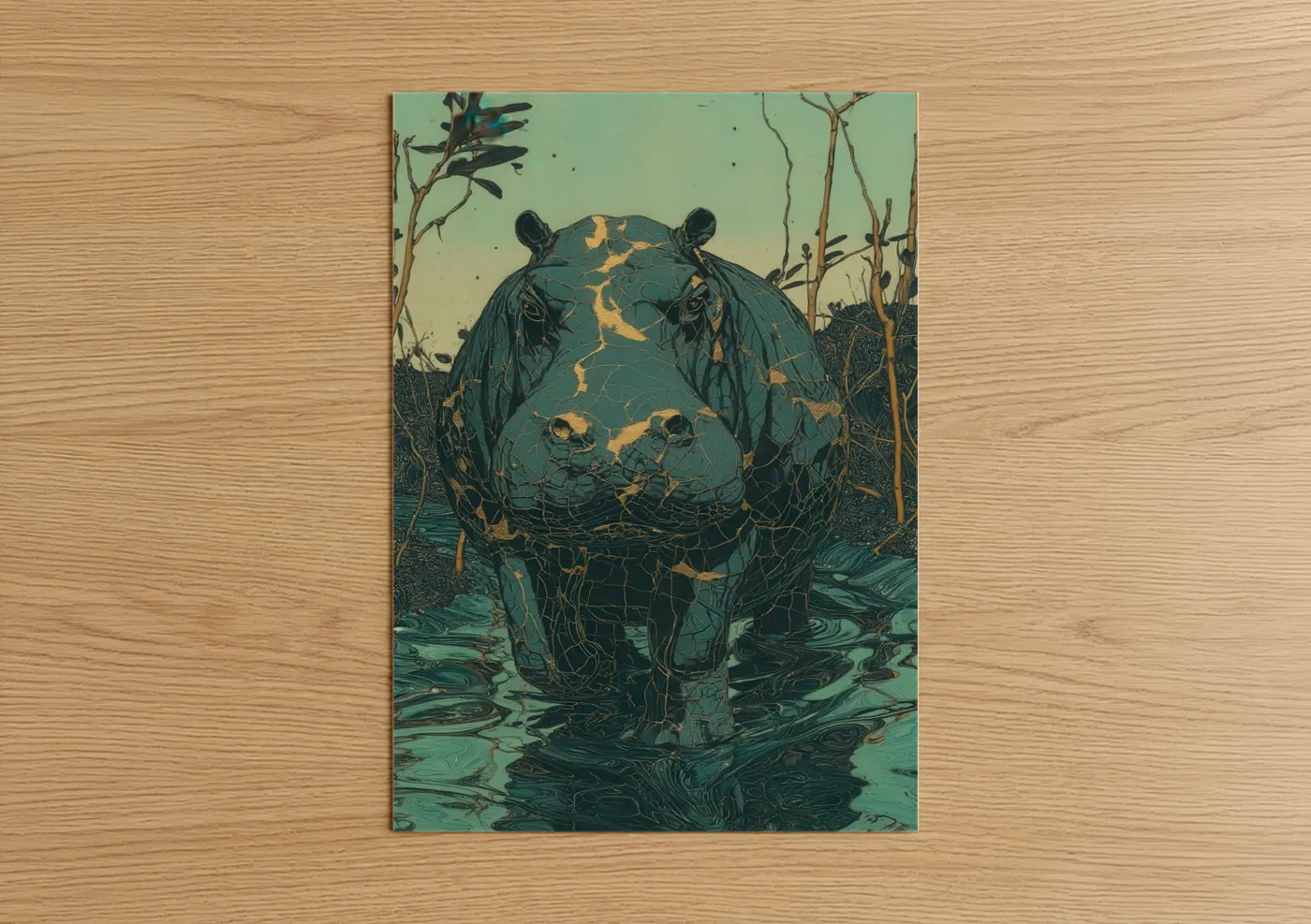 Teal Hippo Marsh Nature Illustration Wall Art