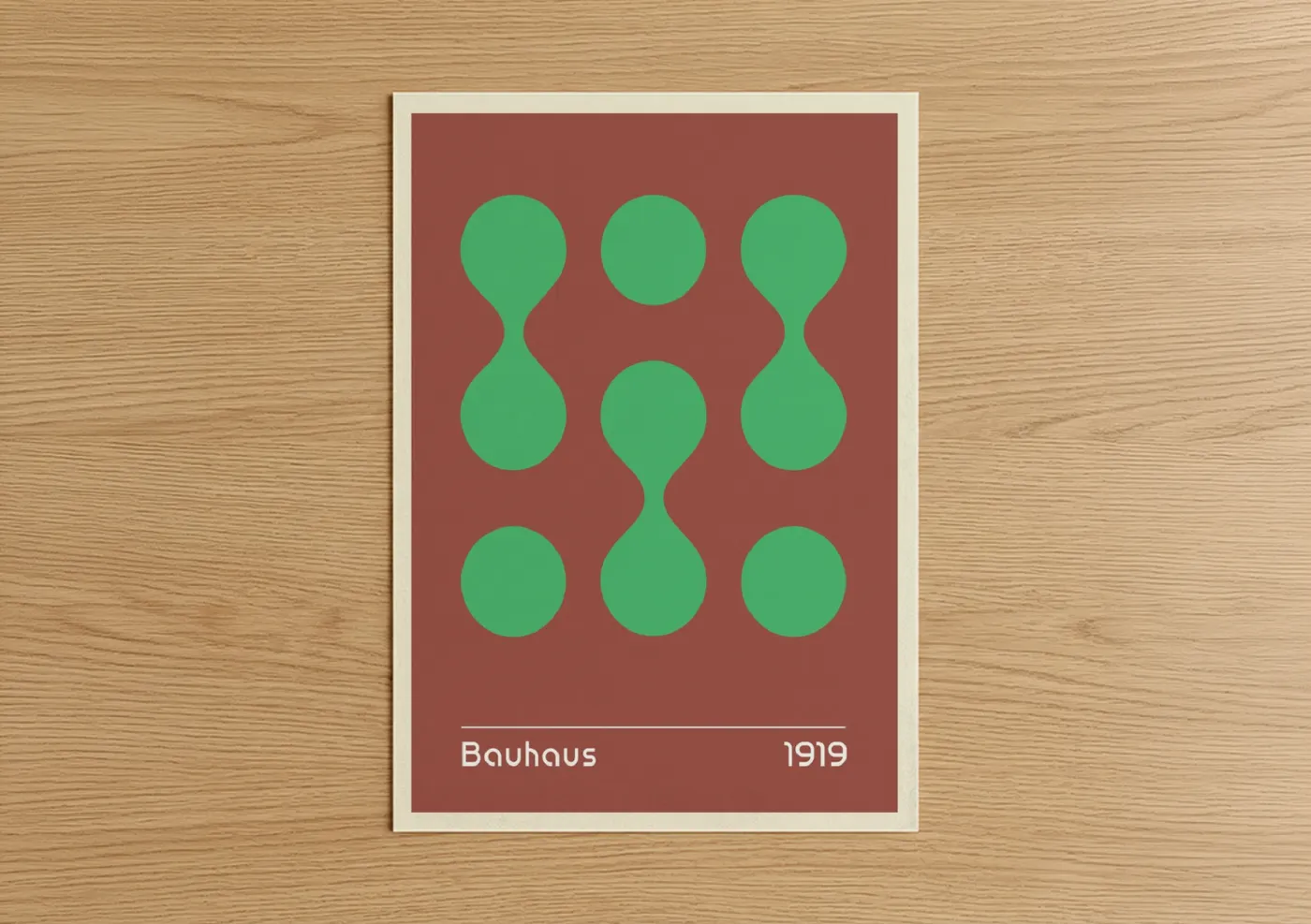 Abstract geometric art print on warm oak wood — true green and russet palette — Bauhaus Circles poster
