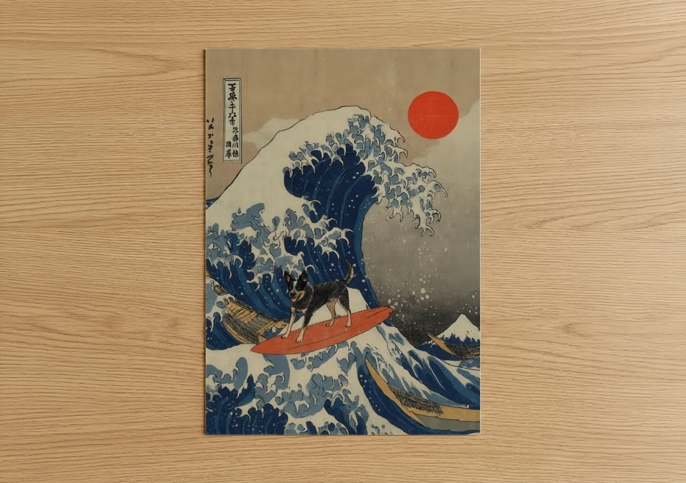 Shepherd dogs and collies art print on warm oak wood — blue and red palette — Surfing Shepherd poster