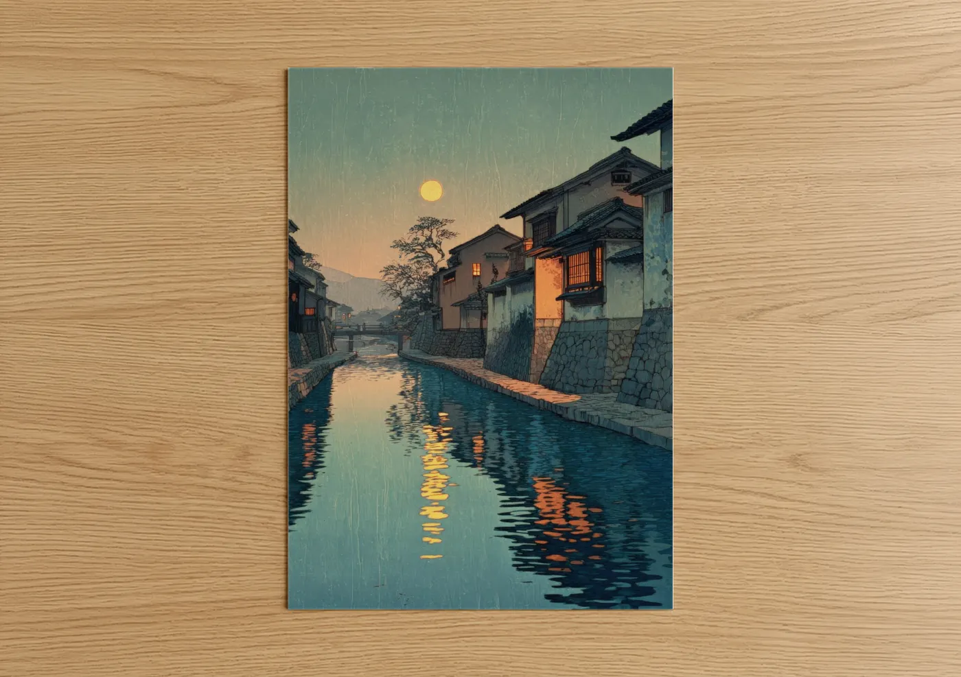 Japanese Village Canal Moonrise Art Print Wall Art
