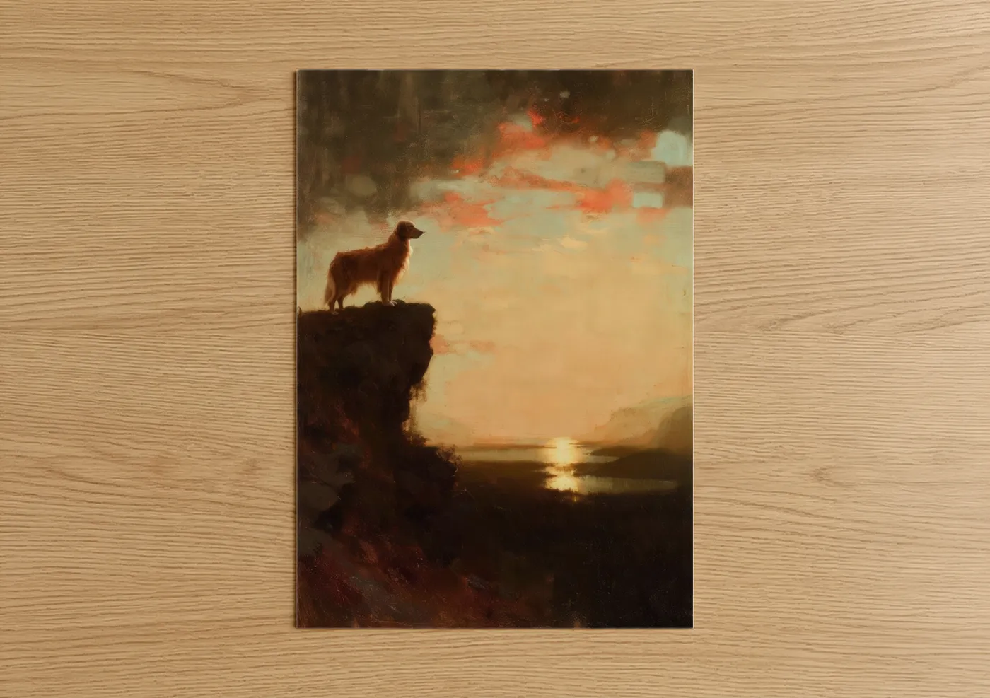 Golden Retriever Cliff Sunset Landscape Wall Art
