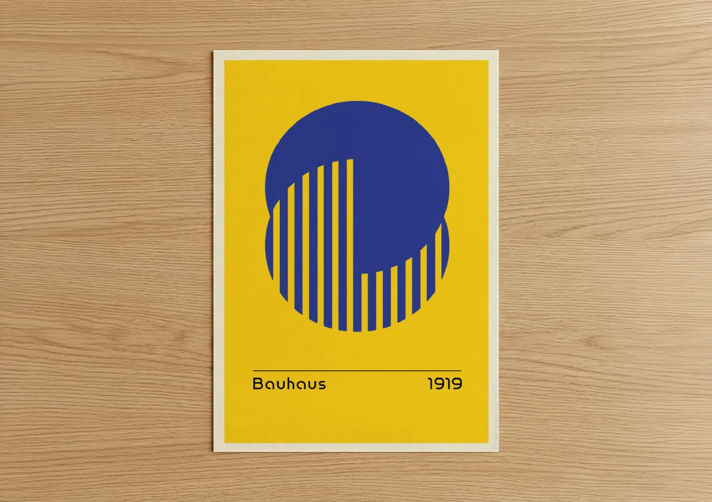 Abstract geometric art print on warm oak wood — yellow and blue palette — Bauhaus Geometric poster