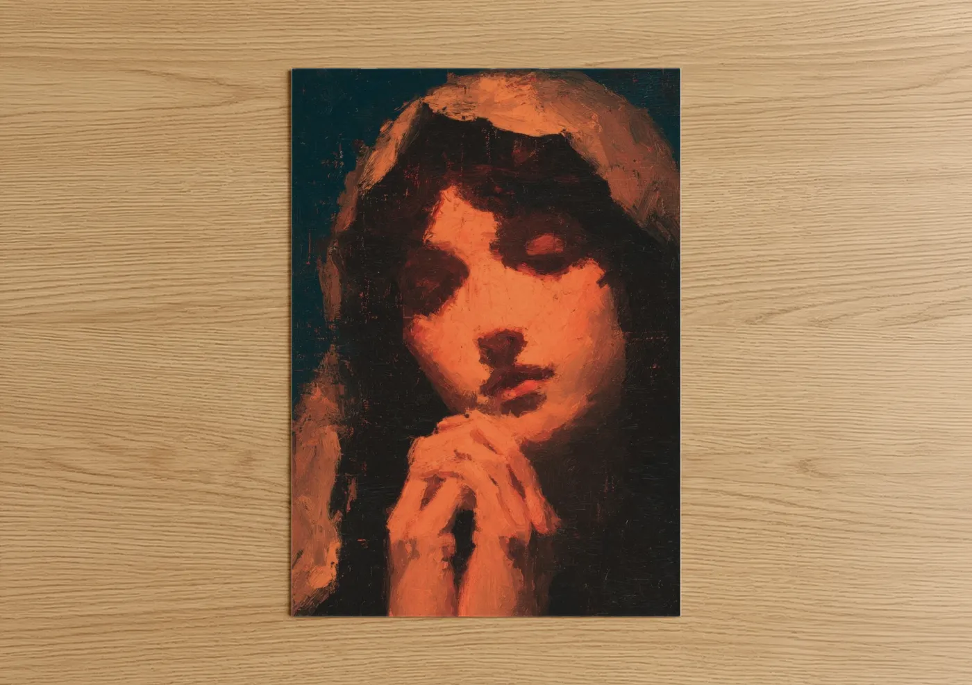 Mary magdalena art print on warm oak wood — orange and dark blue palette — Contemplative Magdalena poster