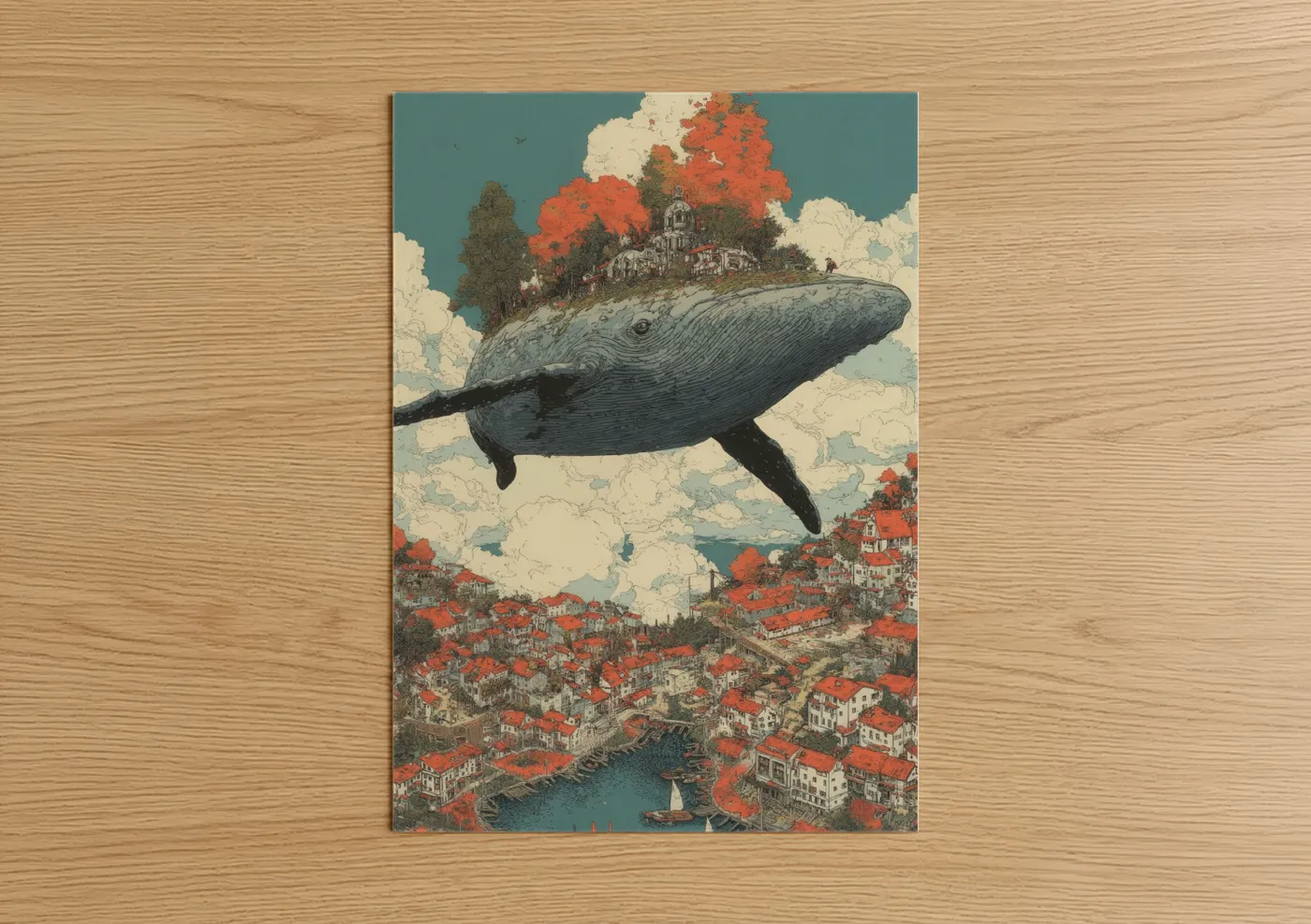 Gray Whale With Floating Island City Wall Art